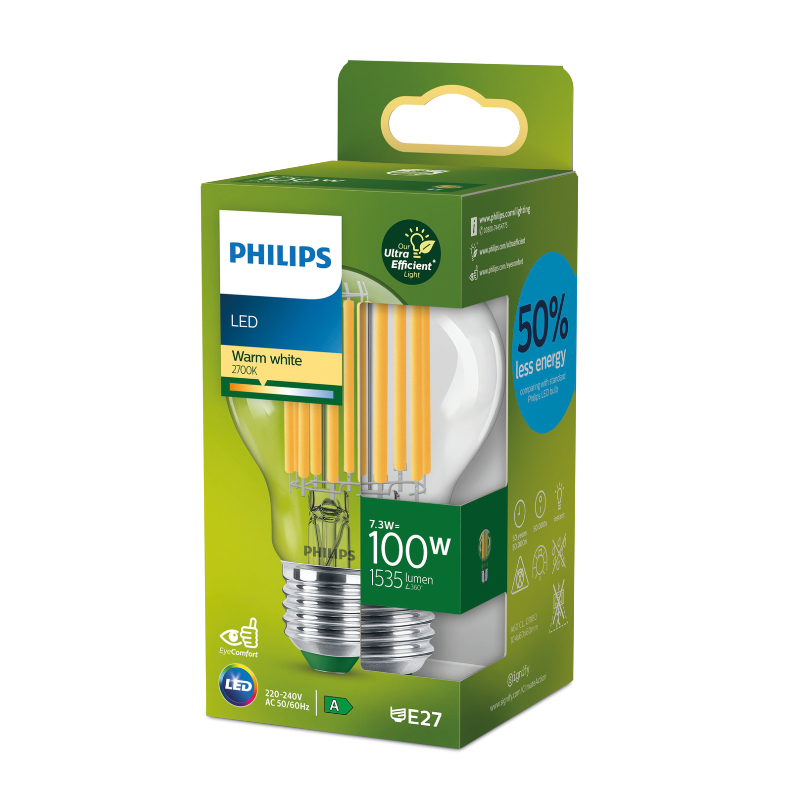 "Philips" E27 LED lempa A60 7,3W 1535lm 2.700K skaidri