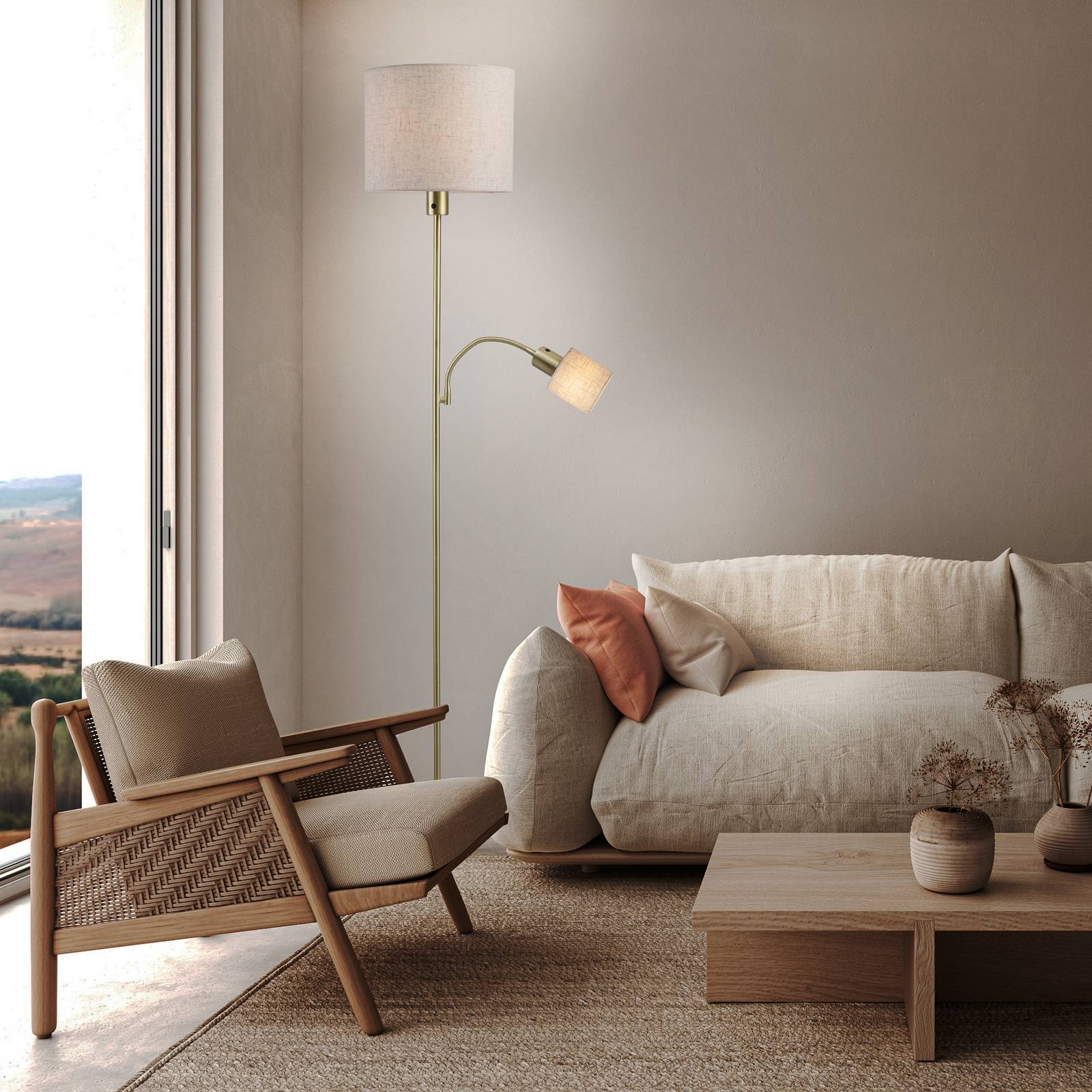 Stehlampe Filomena, beige/messing, Textil, Lesearm, E27, E14 günstig online kaufen