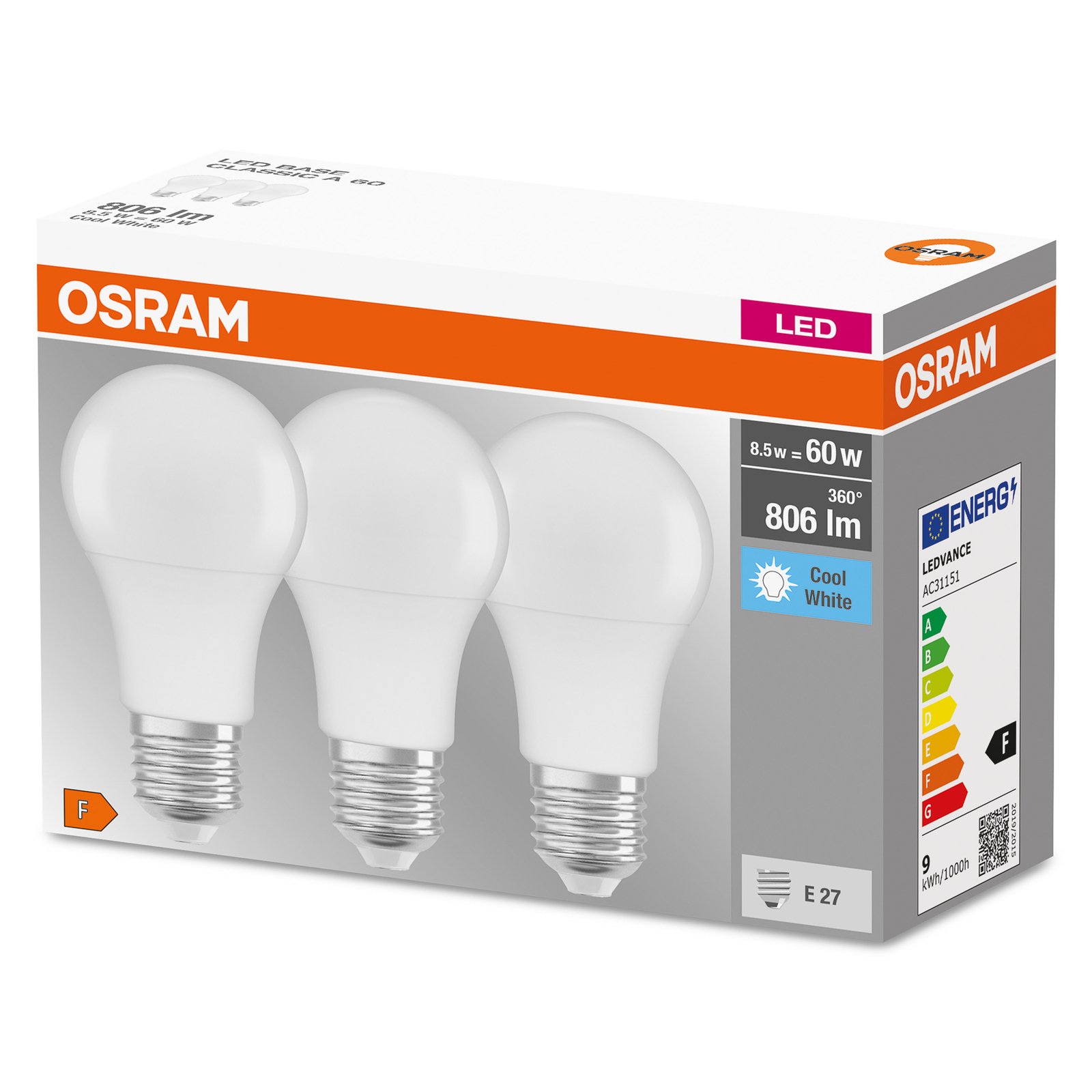 OSRAM LED-pære E27 Base CL A 8,5W 4 000 K matt 3er