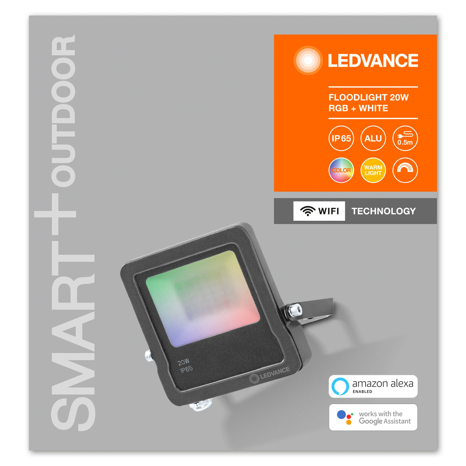 LEDVANCE SMART+ WiFi Floodlight, RGBW, sivá, 20 W