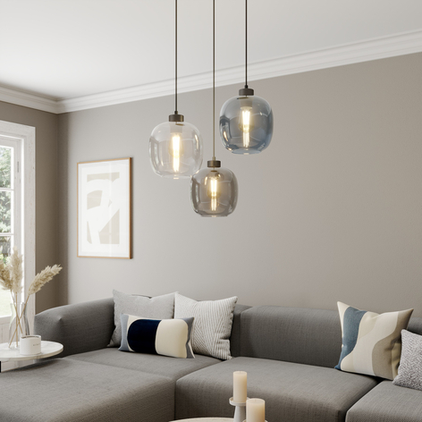 Hanglamp Elio, 3-lamps, blauw/helder/grijs