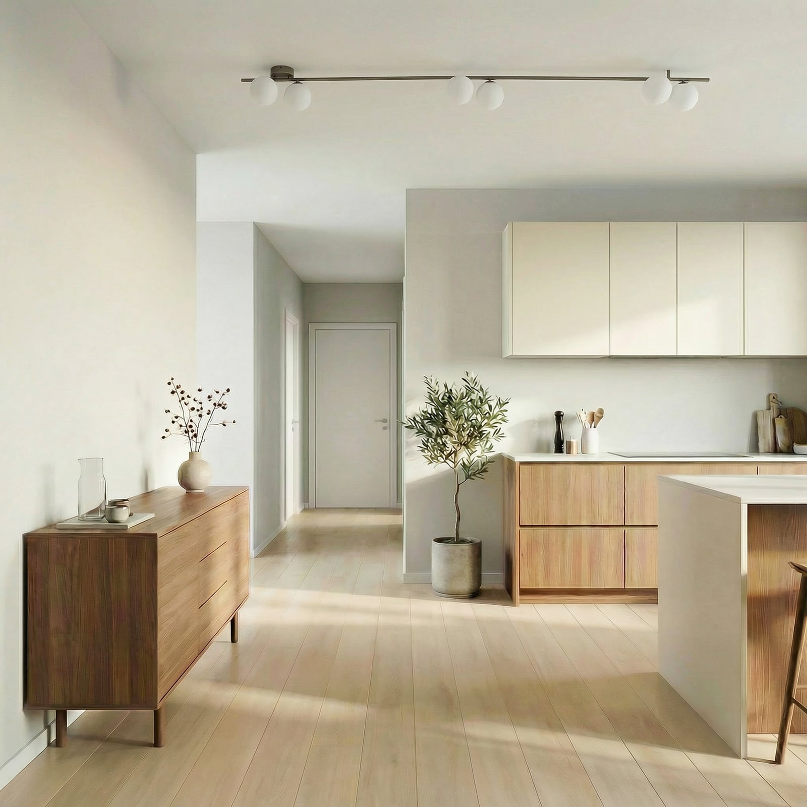 Plafonnier Imelo, marron, à 6 lampes, verre, longueur 200 cm