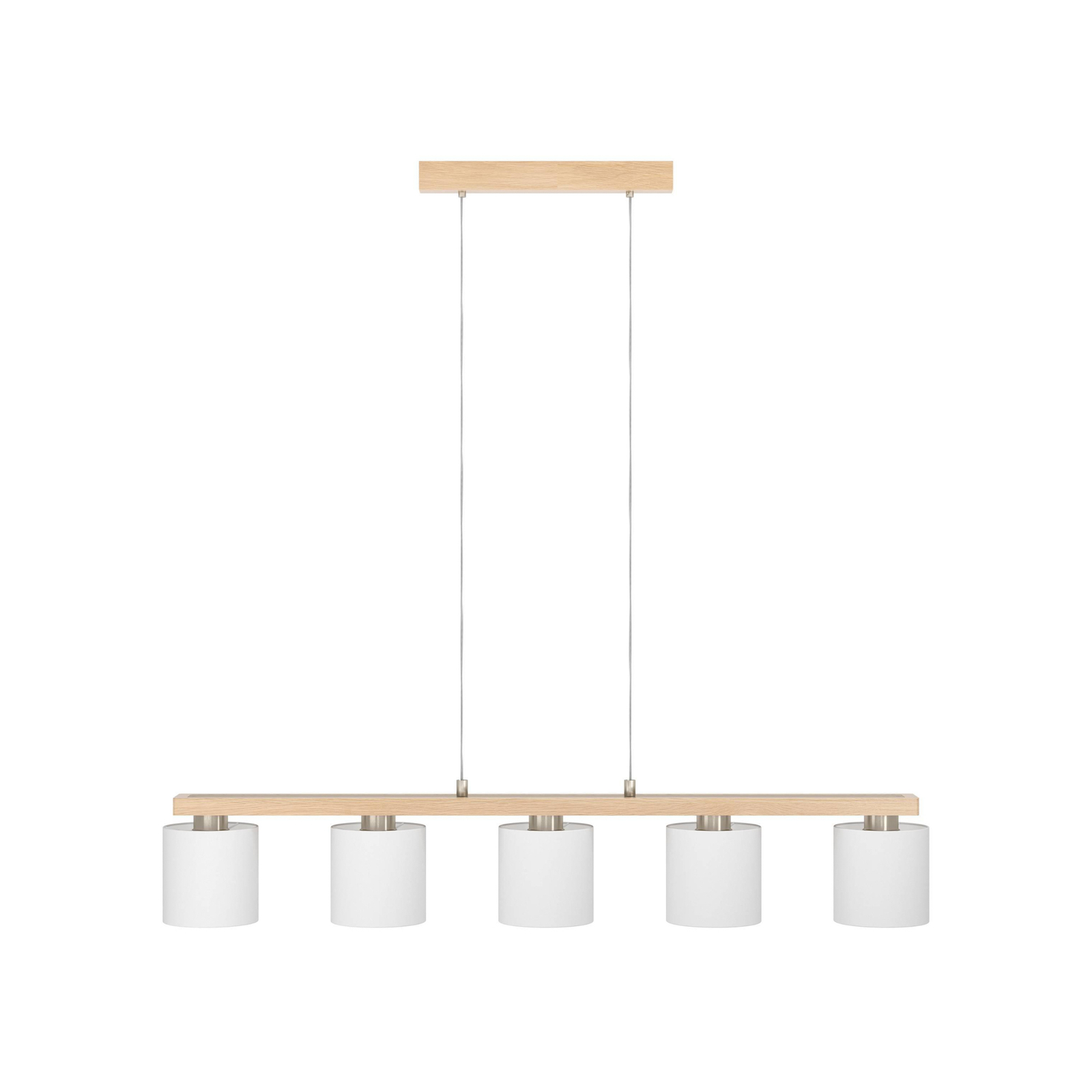 Suspension Castralvo, longueur 115 cm, bois/blanc, 5 lampes, tissu
