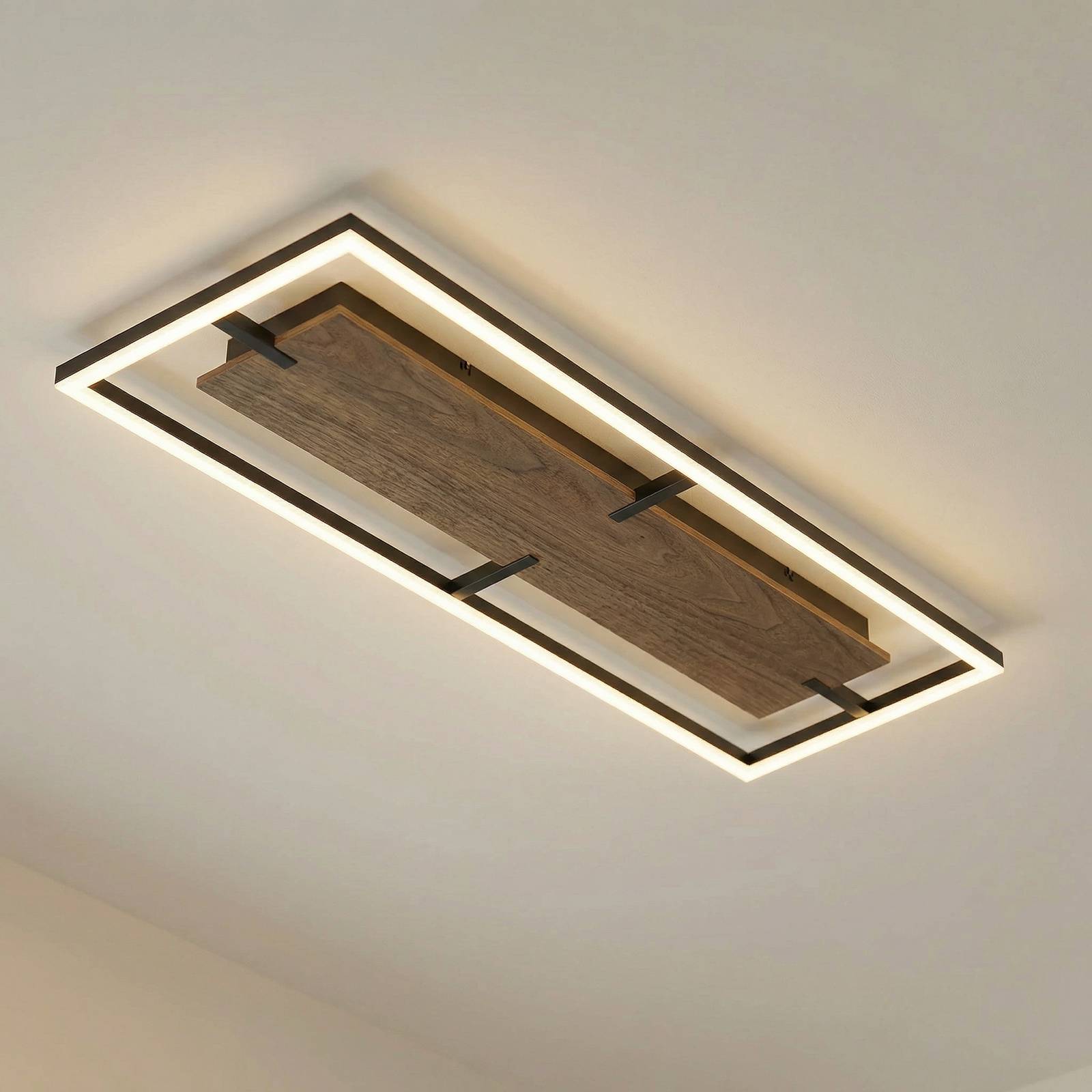 Plafonnier LED Lucande Vectra, 100 x 30 cm, bois, à intensité variable