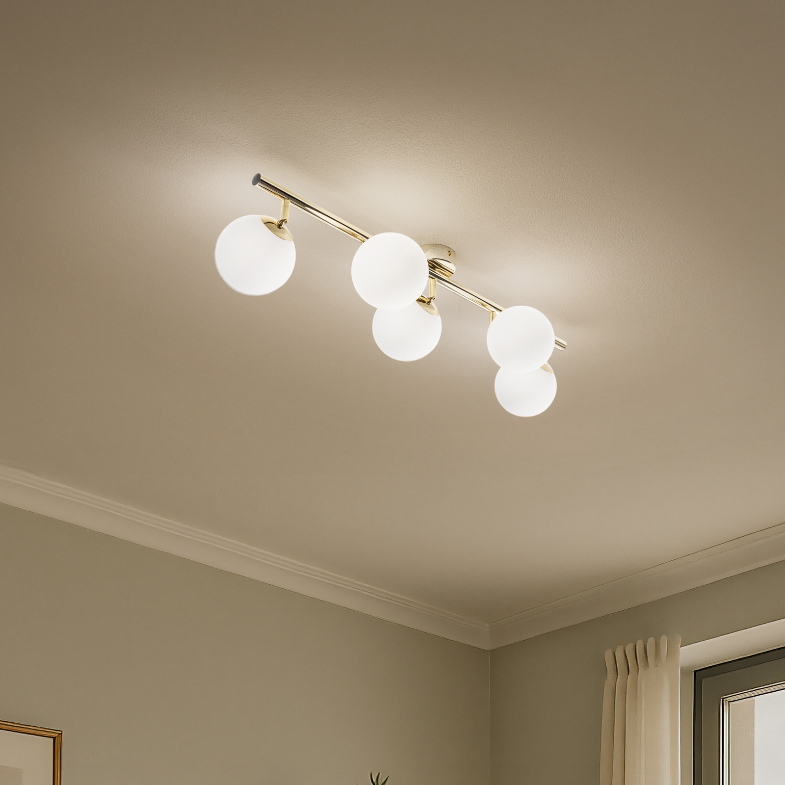 Loftlampe Drum, guldfarvet, glas, længde 80 cm, 5 lyskilder