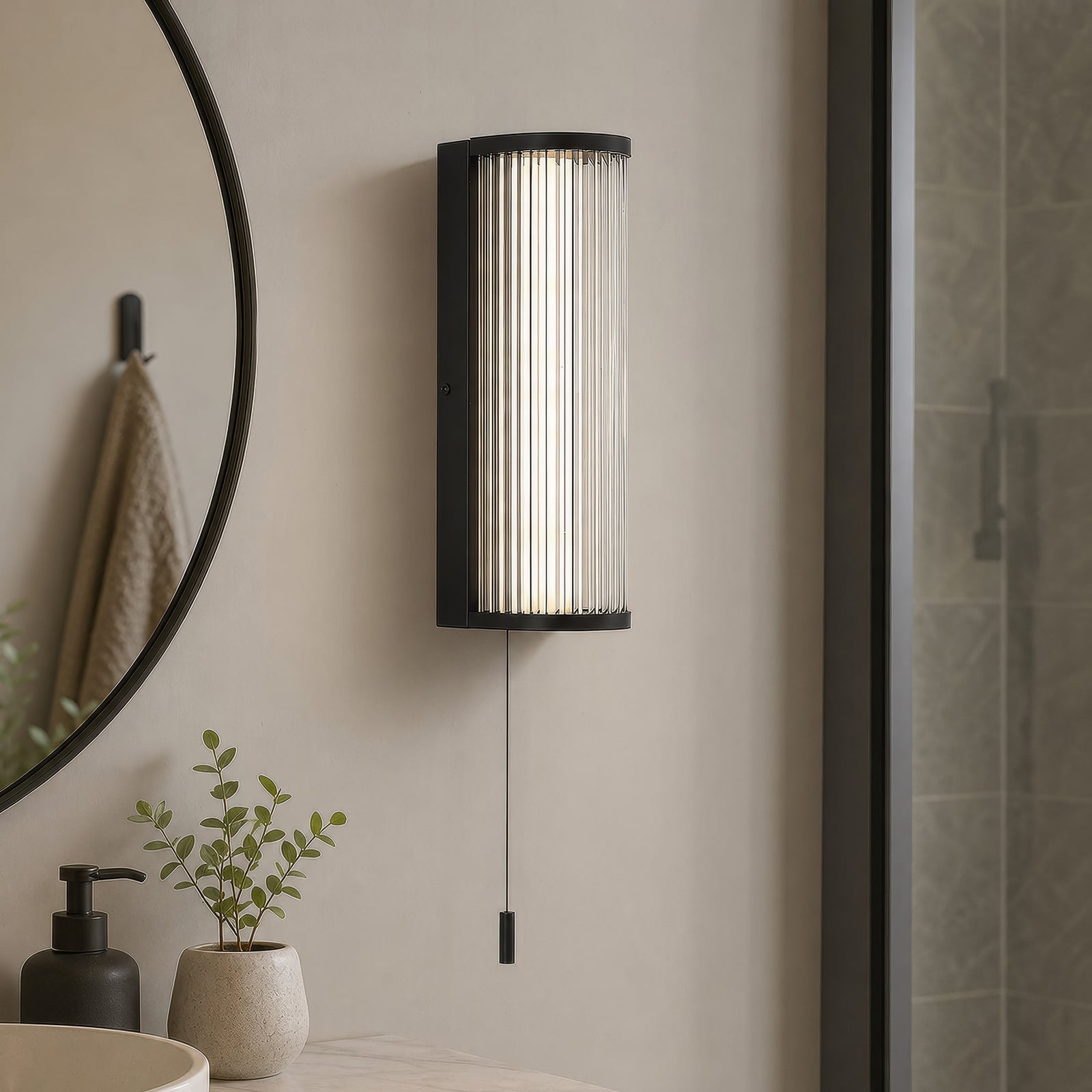 LED-Wandleuchte Rue, schwarz, IP44, Metall, Glas, 3.000 K