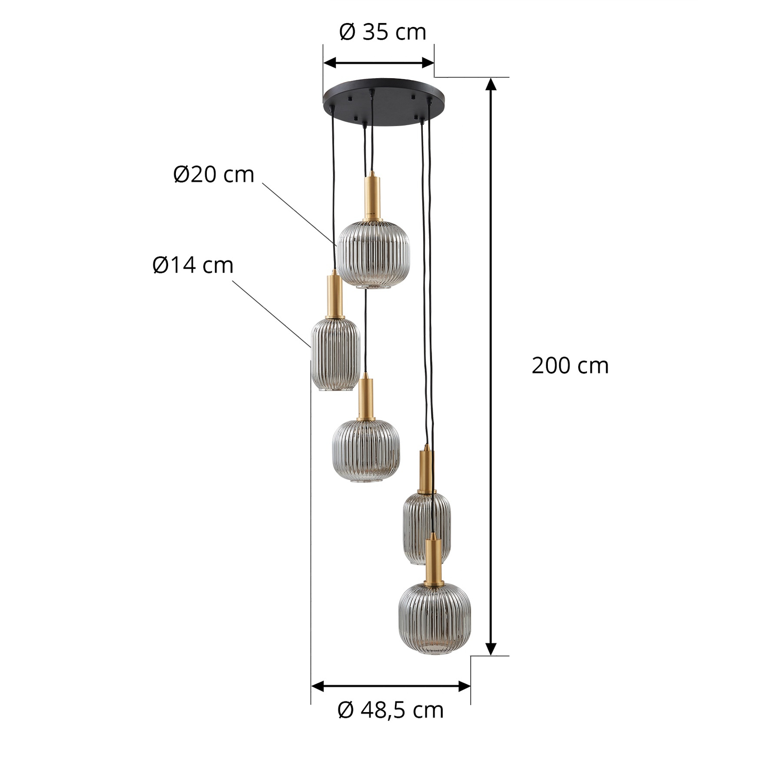 Lindby Doroteo hänglampa, 5 lampor, grå, glas