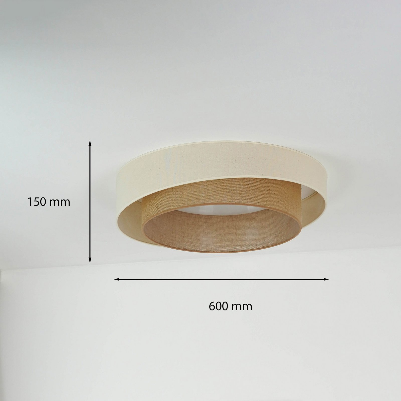LED griestu gaisma Luneta S, džuta, smilškrāsas/brūnā krāsā, Ø 60 cm, 3 pakāpju