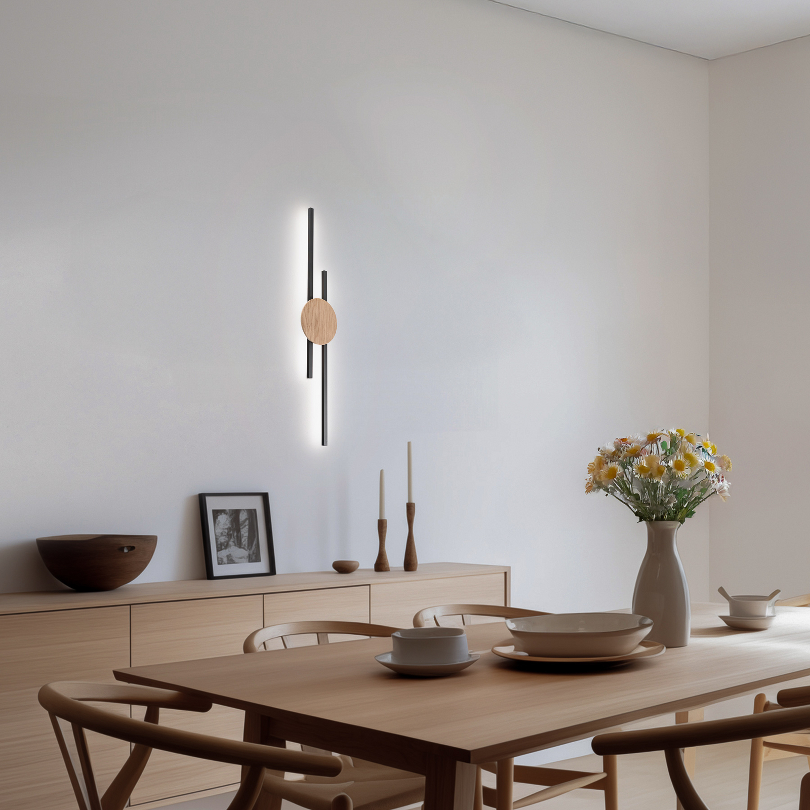 LED nástenné svetlo Java, čierna/borovica, 86 cm, 2-pl., kov