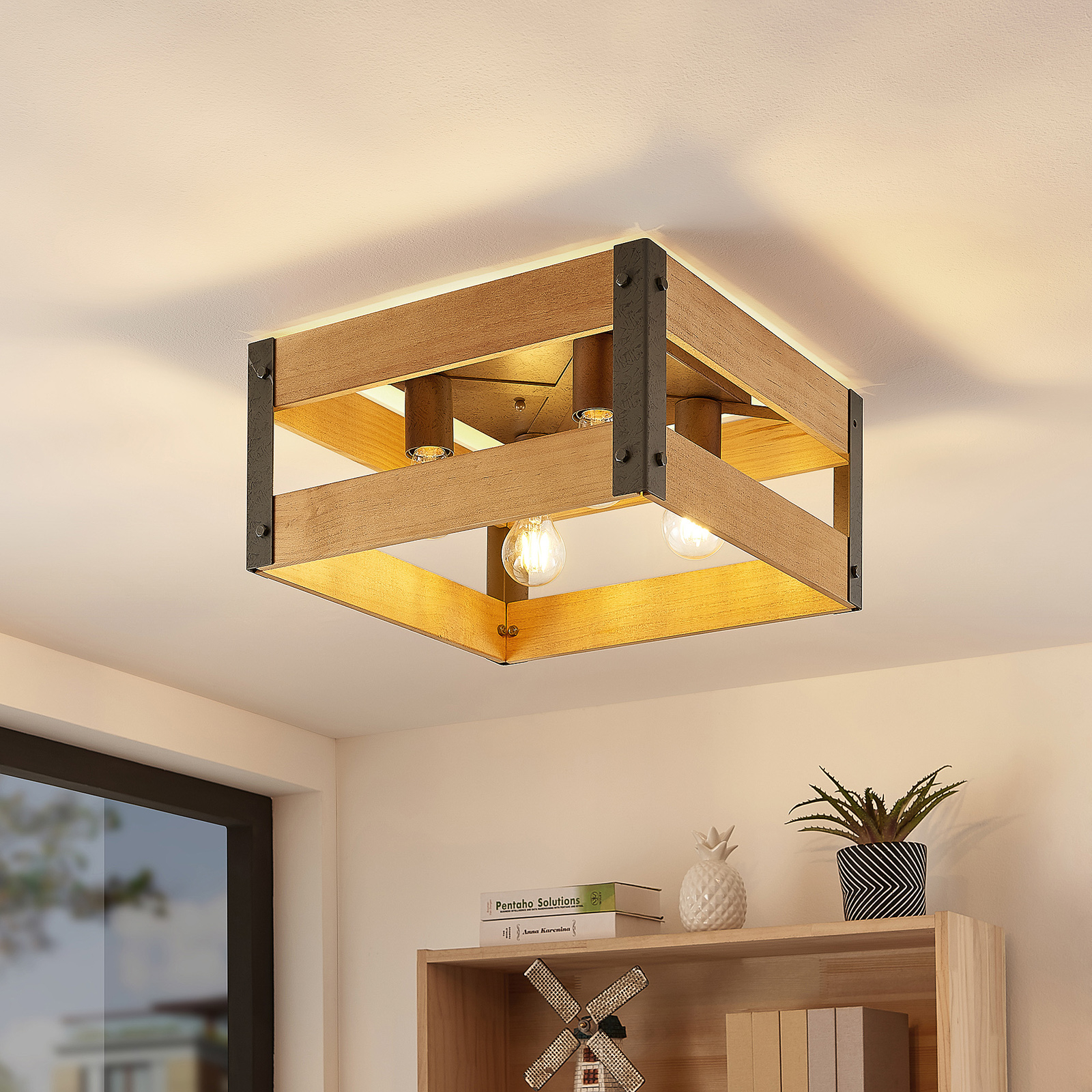 Lindby Gudula ceiling lamp made of wood and iron