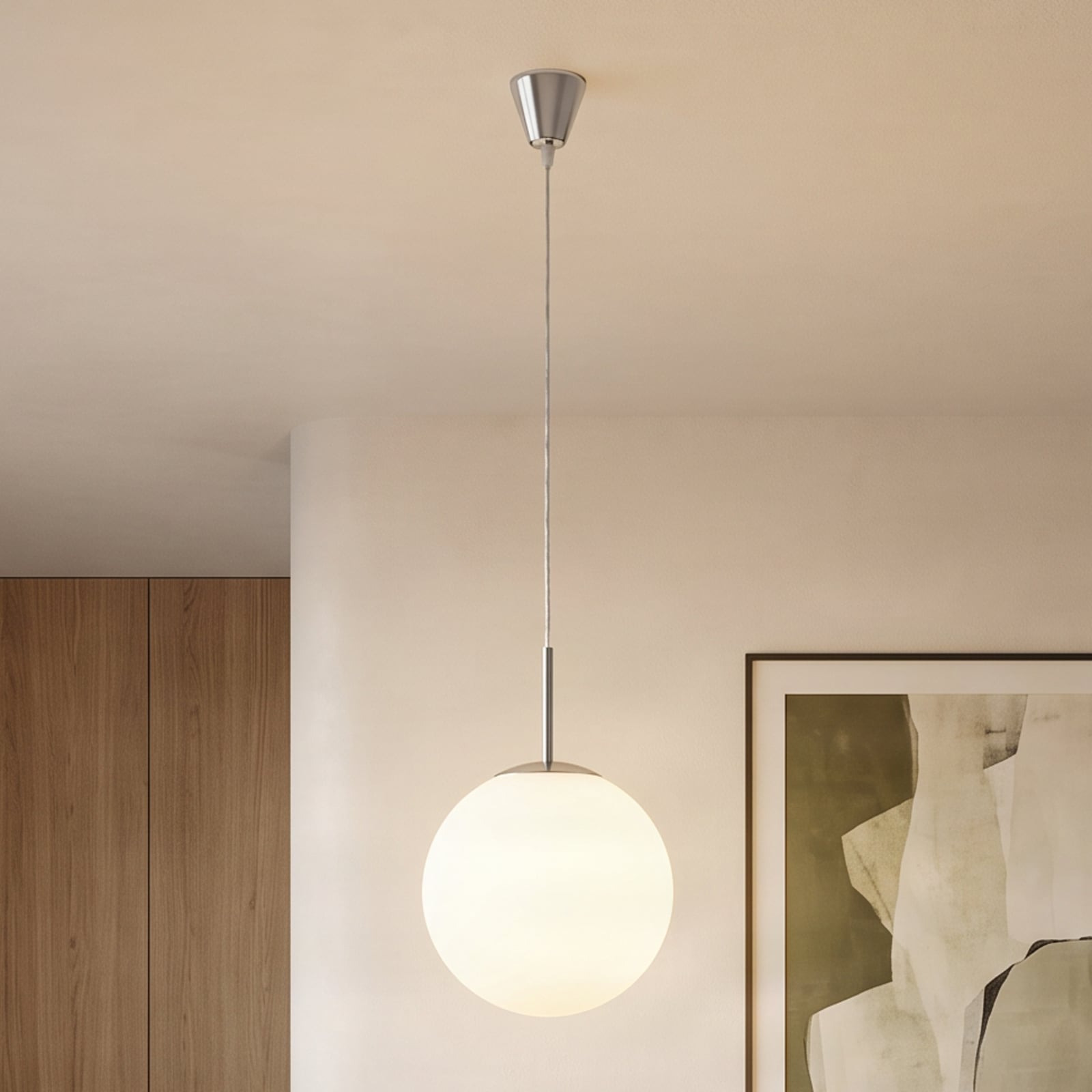 Lindby hanglamp Marike, Ø 30 cm, wit, glas, globe, E27
