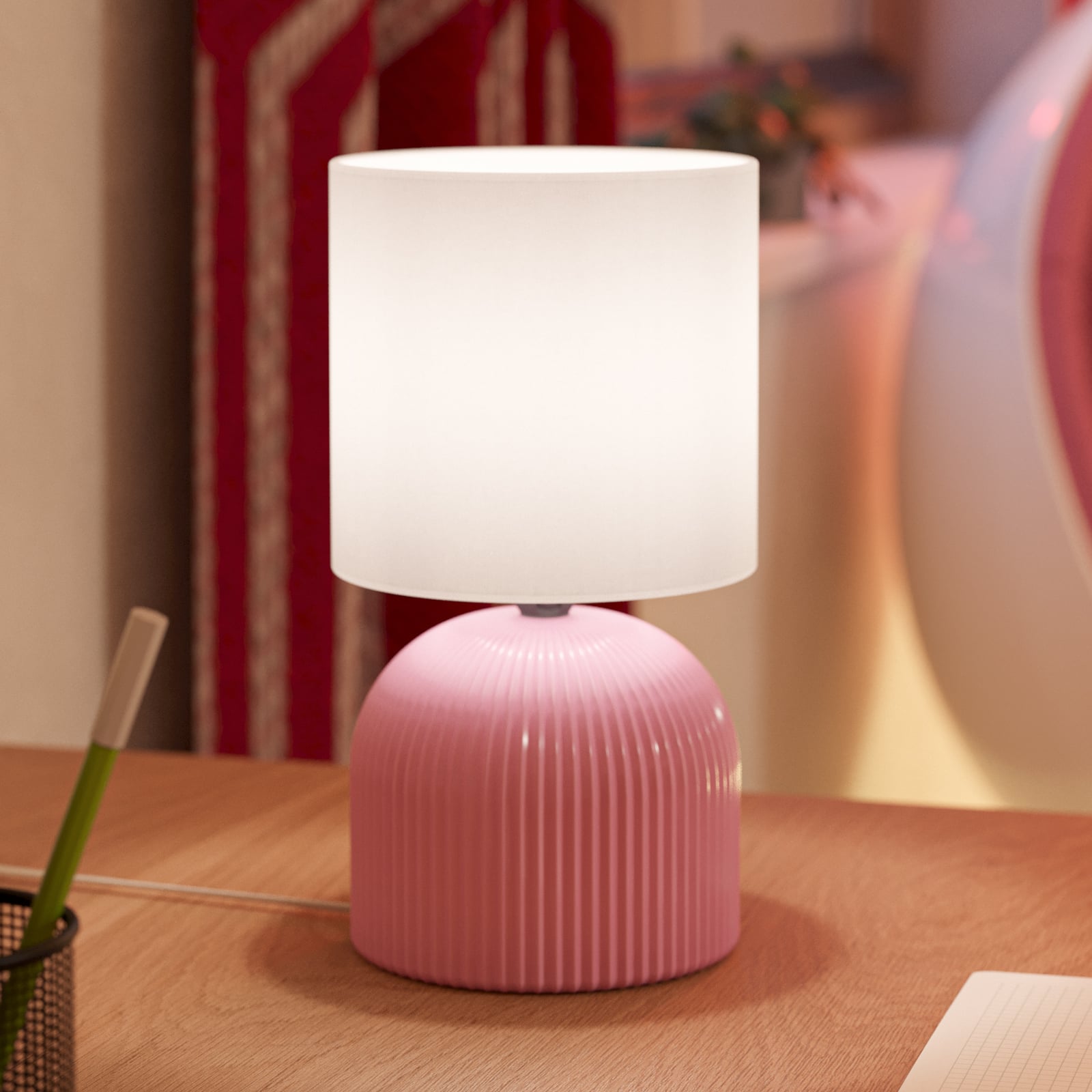 Stolová lampa Rocoso, ružová/biela, keramika, textil, 25,5 cm