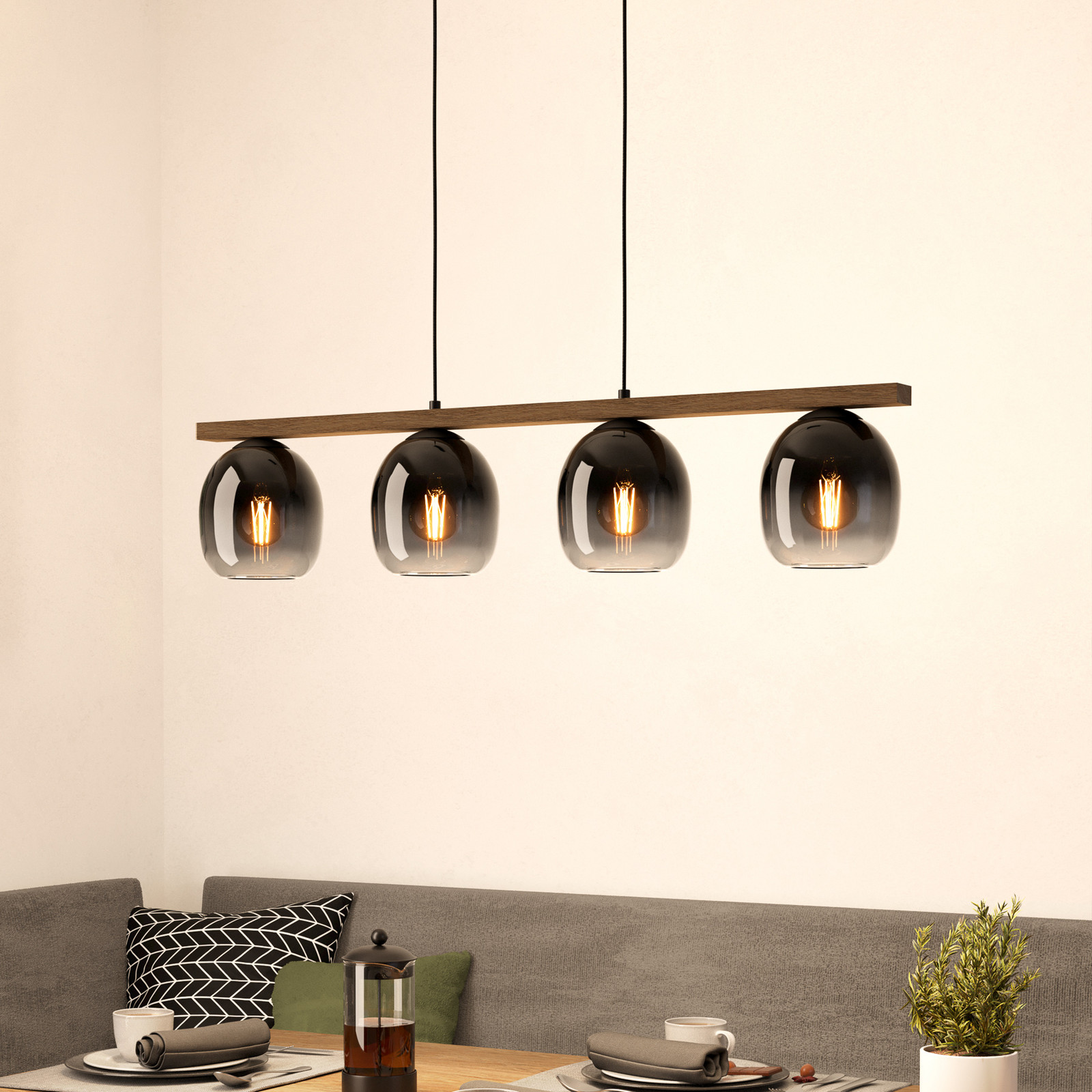 EGLO Filago lampă suspendată 4 abajururi sticlă fumurie - Camera de zi / sufragerie - Modern - gri fumuriu transparent lemn culoare închisă negru