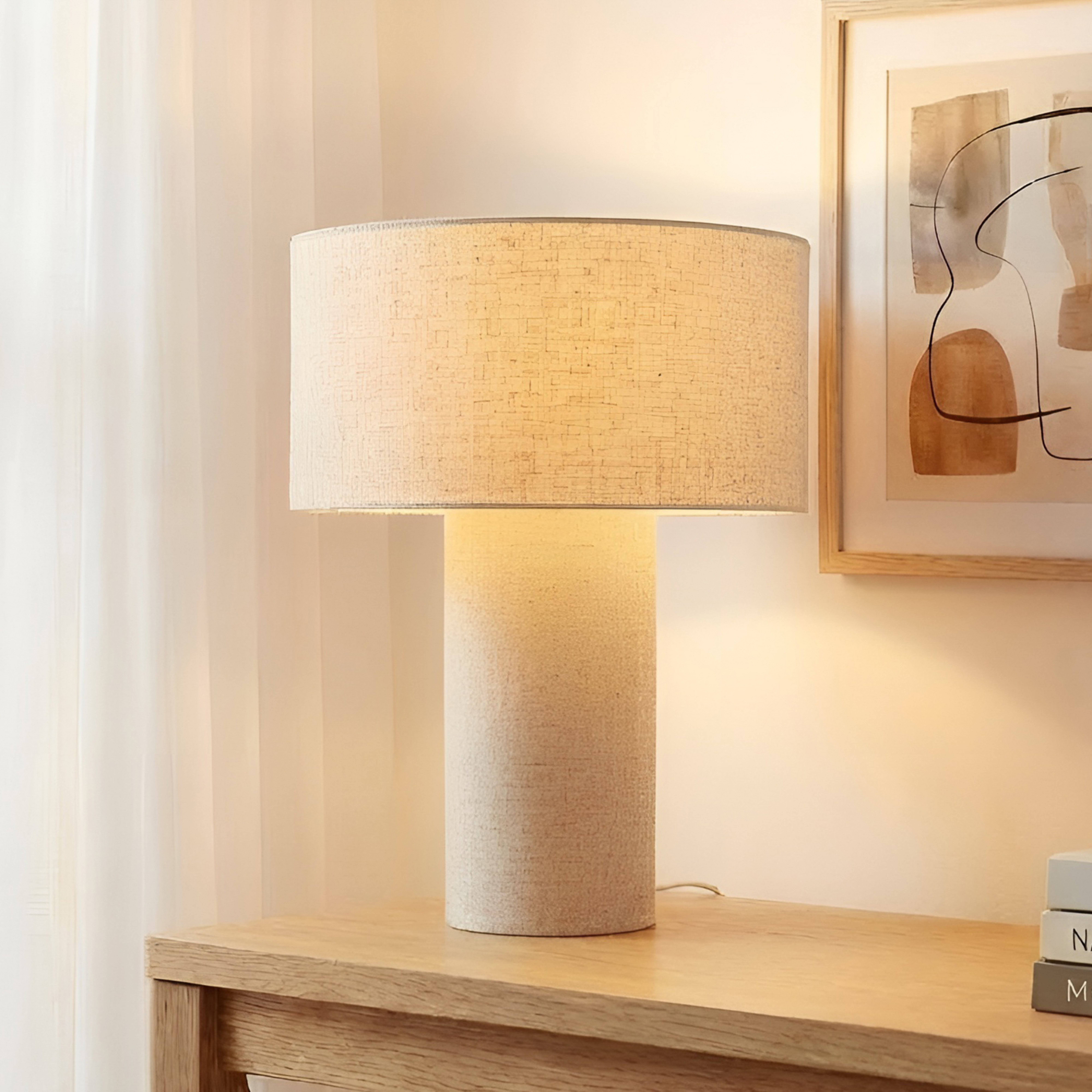 lampe à poser Lindby Elfie, Ø 35 cm, beige, lin, E27