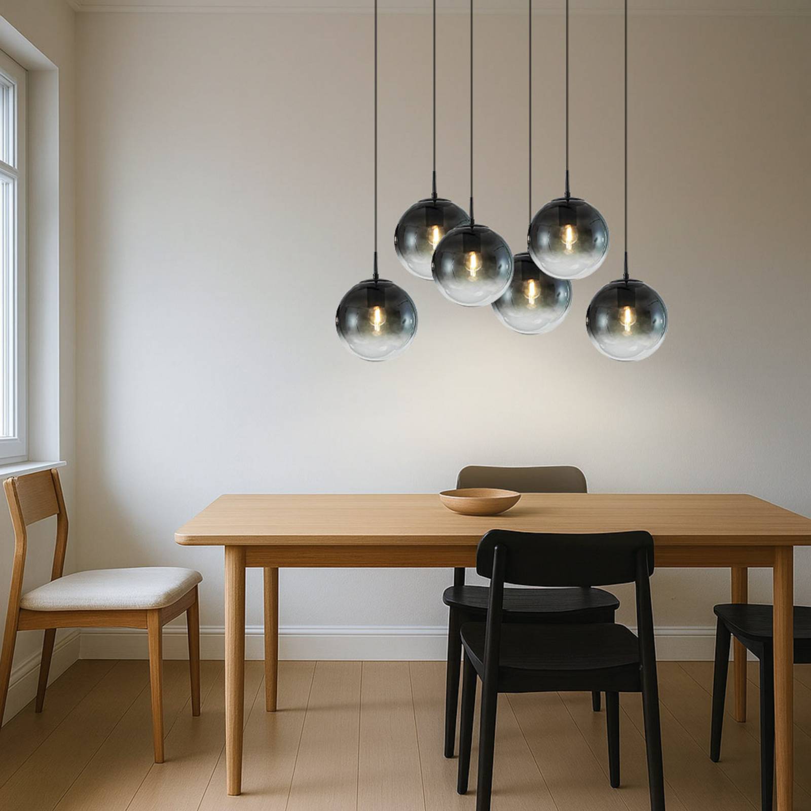 Lucande Hängeleuchte Veloura, 6-flammig, 100 cm, Glas, Holz günstig online kaufen