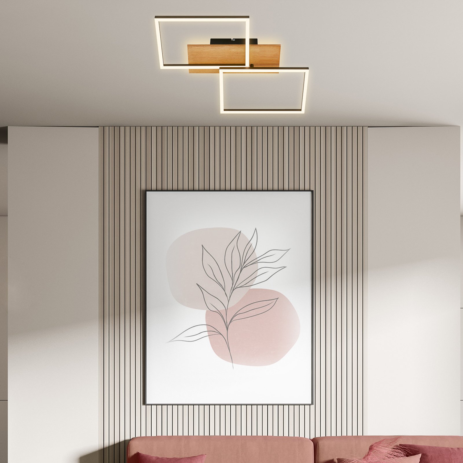 LED-Deckenleuchte Cornice, 50x41 cm, Holz, dimmbar