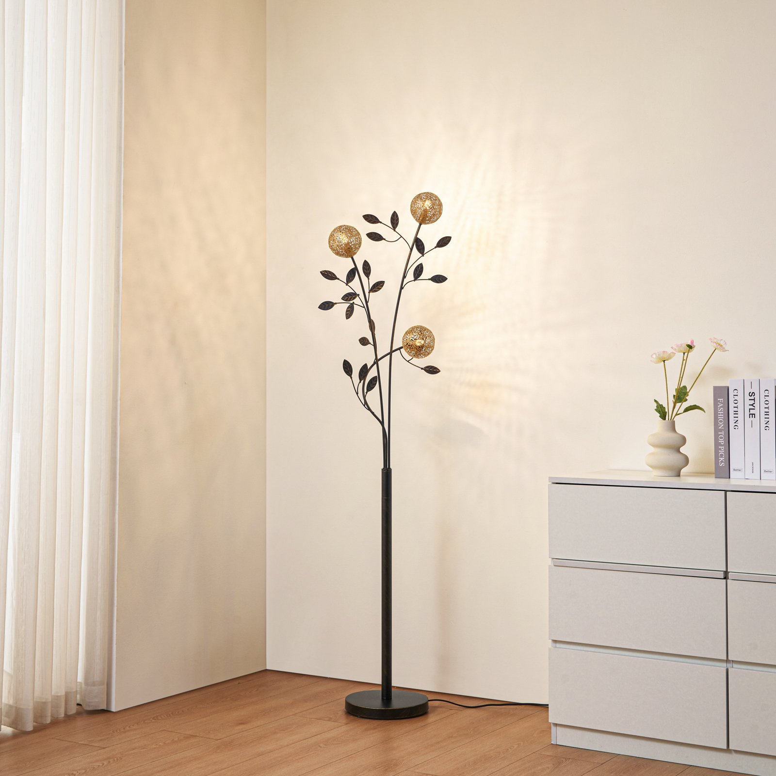 Stojacia lampa Lucande Evory, 160 cm, 3 svetlá, čierna/zlatá, G9