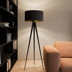 Lindby floor lamp Benik, tripod, textile, black/gold, 153cm