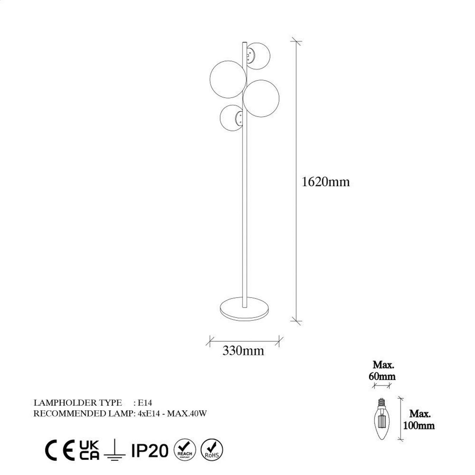 Vloerlamp Fazli, goud, glas/metaal, hoogte 162 cm, E14