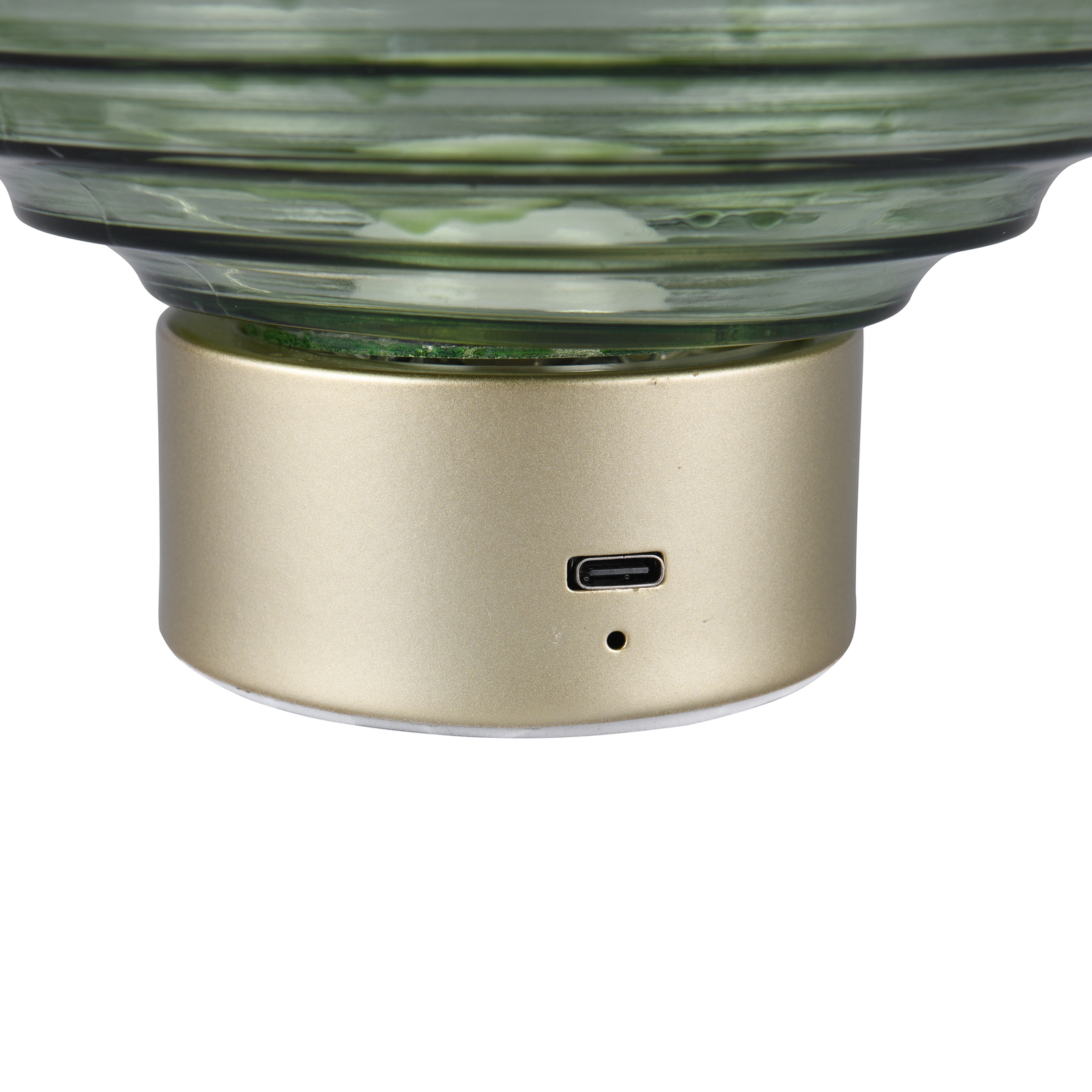 Earl lámpara de mesa LED recargable, latón/verde, altura 14,5 cm, cristal