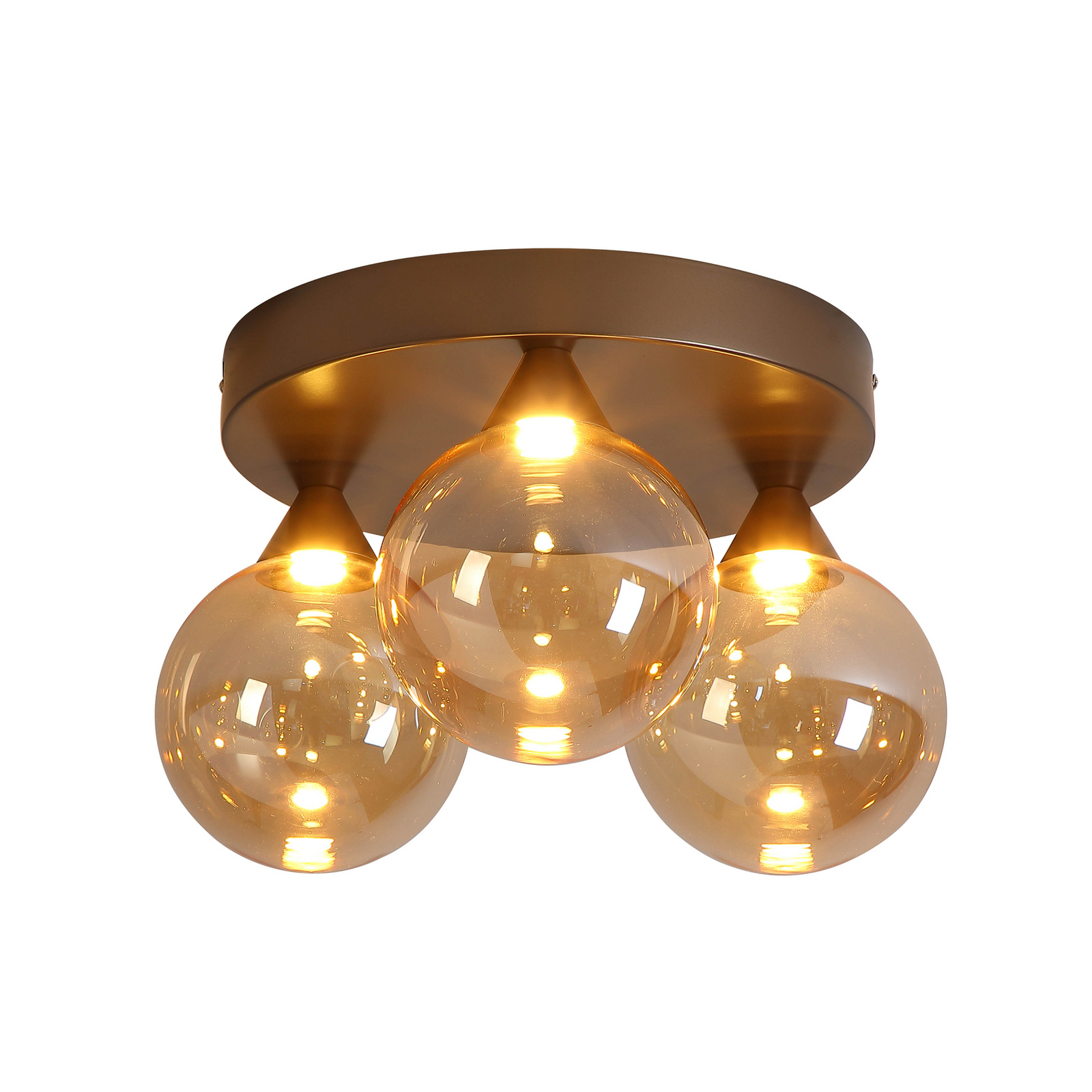 Plafón LED Opus Lux, 3 luces, bronce, cristal ámbar, CCT
