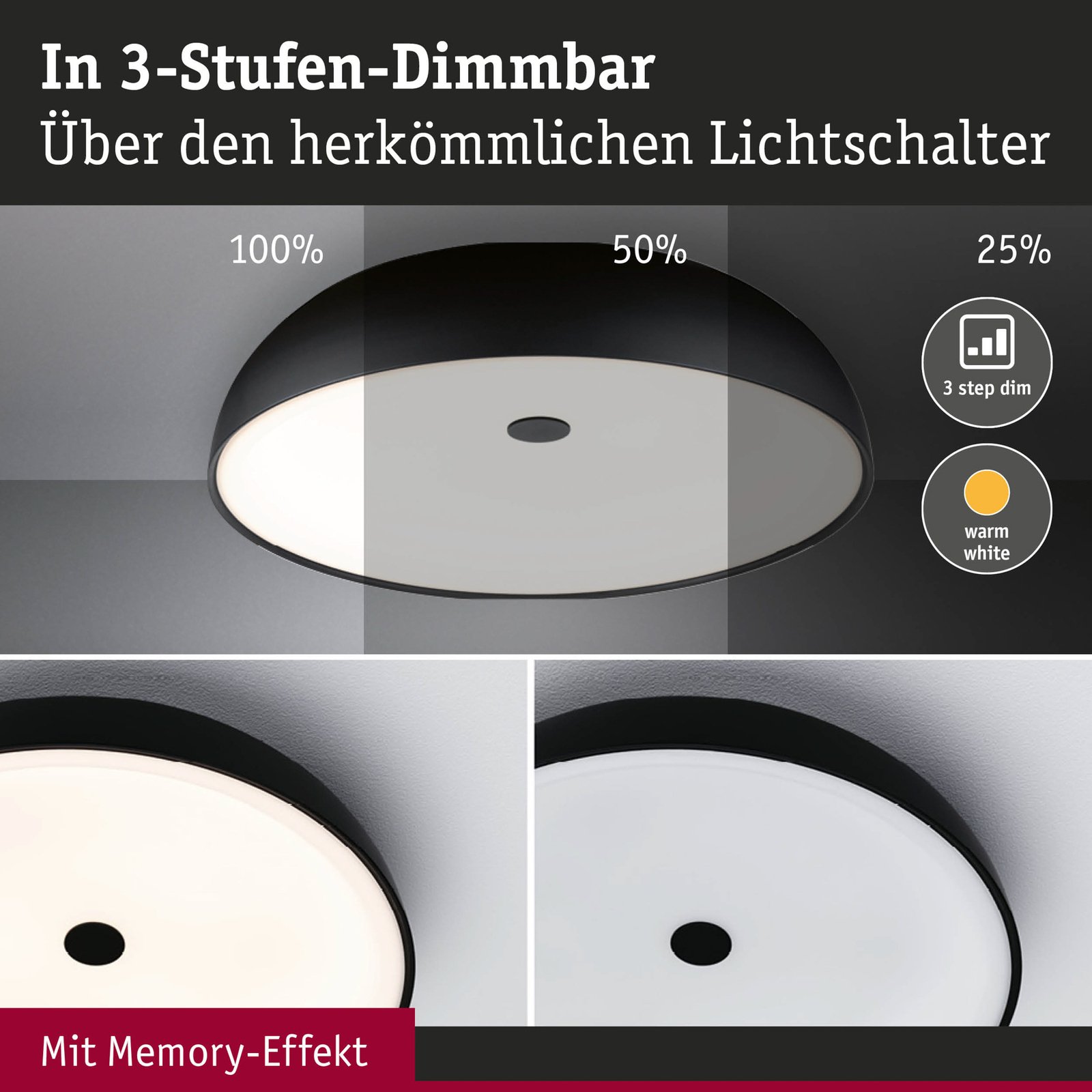 Jaron LED Stropní Lampa 3-step Dim. Matt Černá - Paulmann
