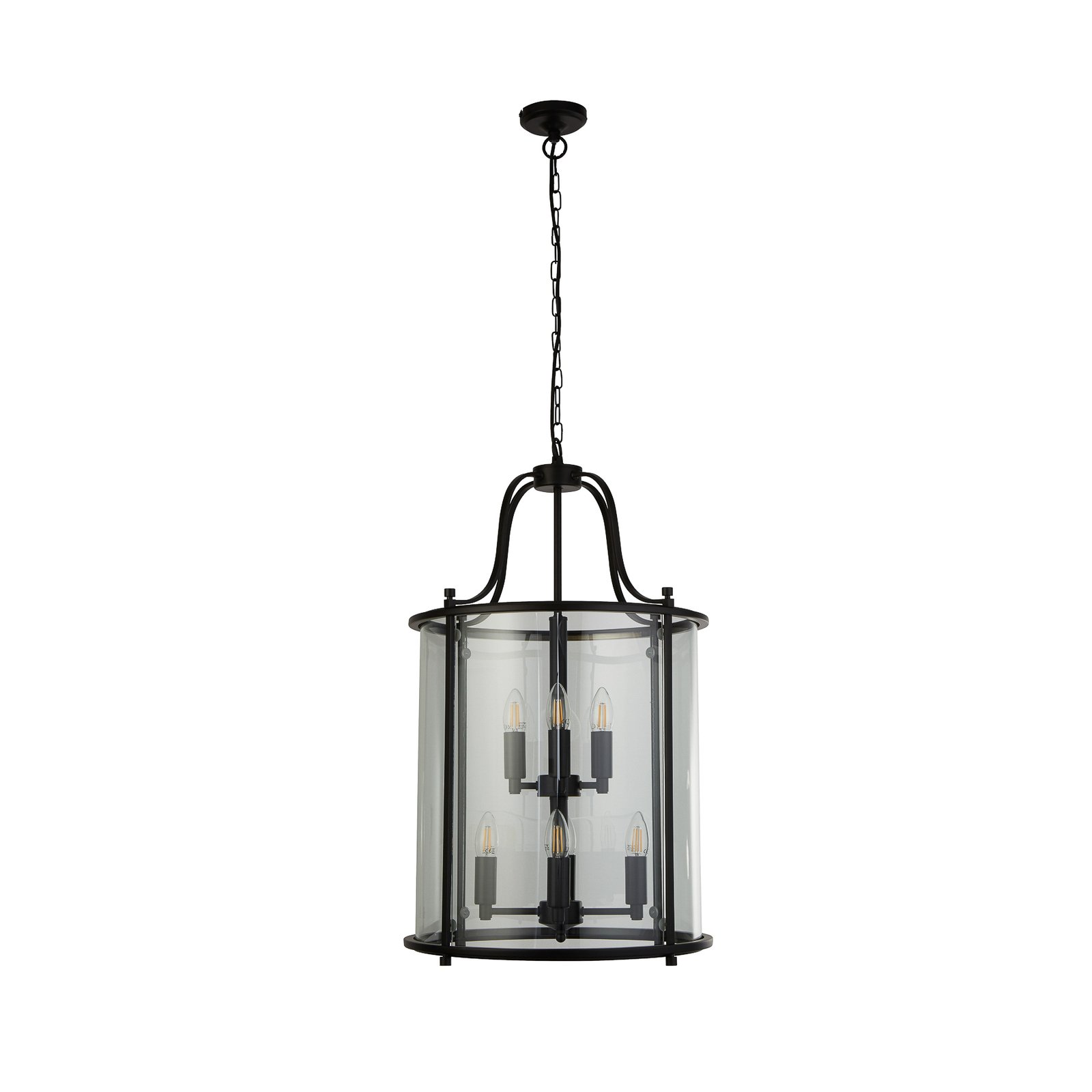 Lantern Grande pendant light, black/clear, glass, E14