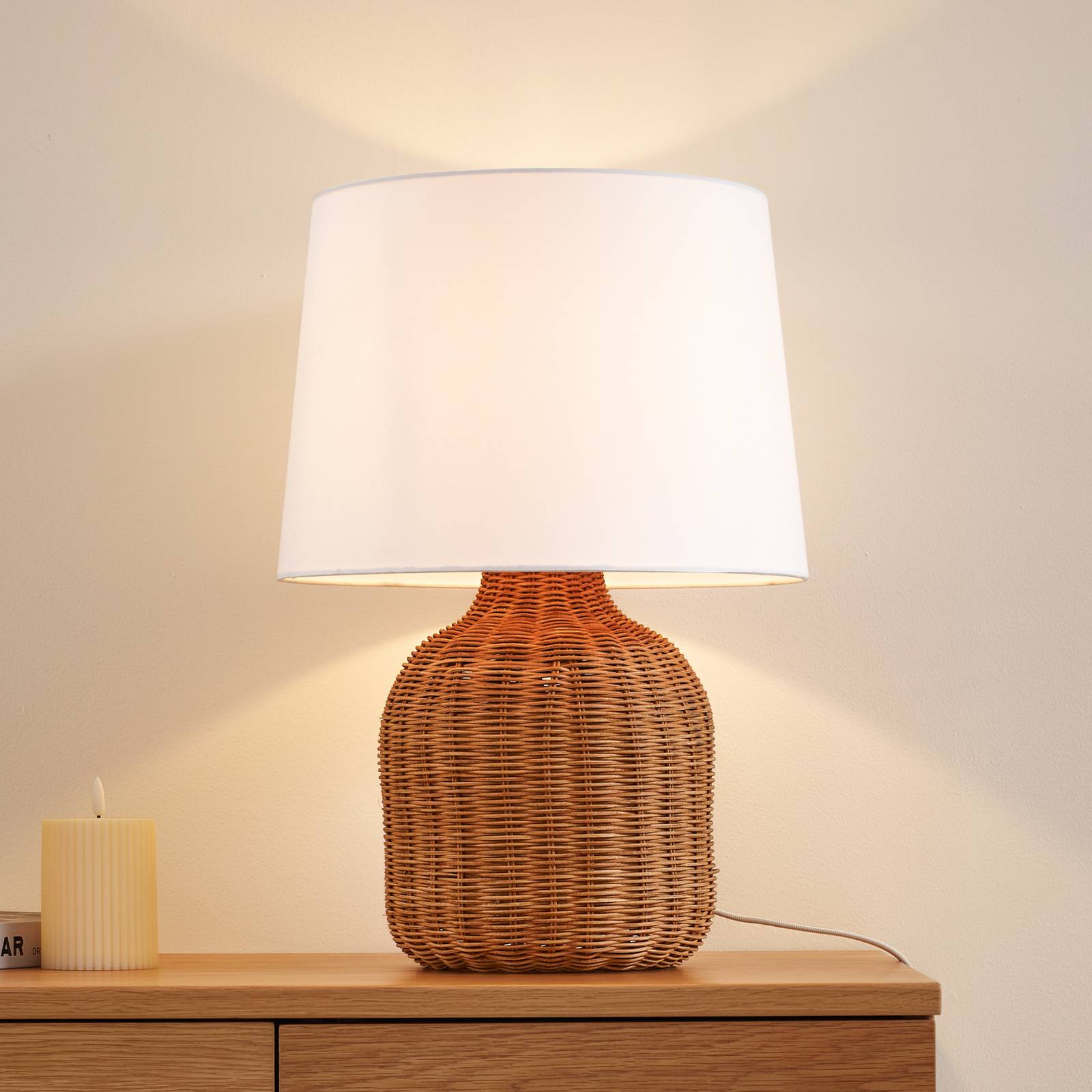 Lindby Tischleuchte Lirenda, Höhe 52 cm, Rattan, natur/weiß günstig online kaufen