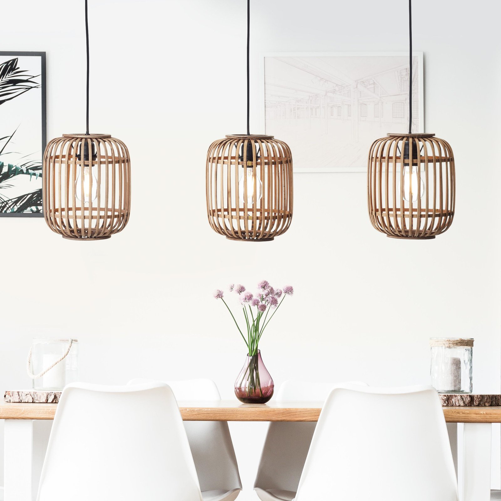 Woodrow lámpara colgante, longitud 105 cm, madera clara, 3 luces, bambú