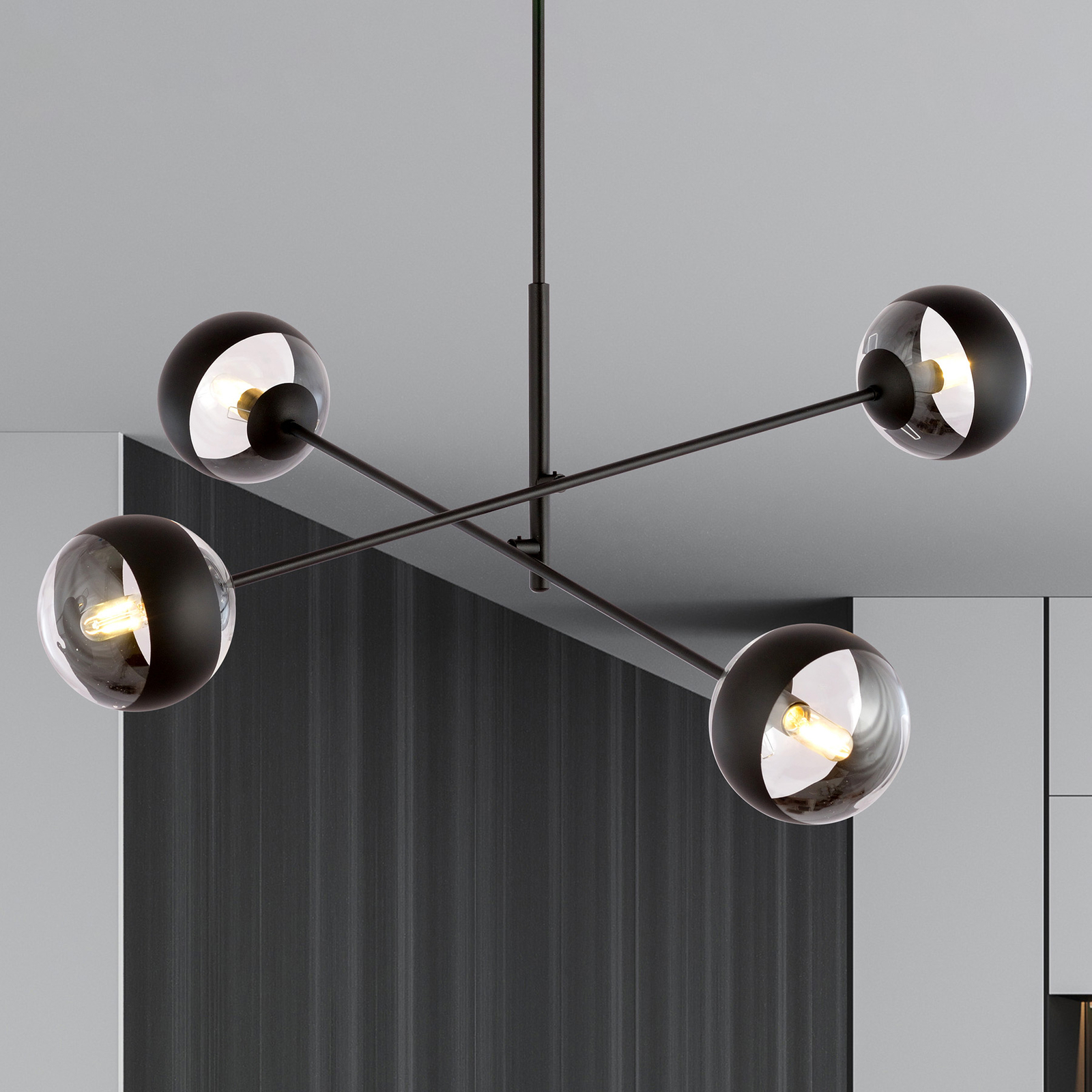 Plafonnier Linear, noir/transparent, quatre lampes
