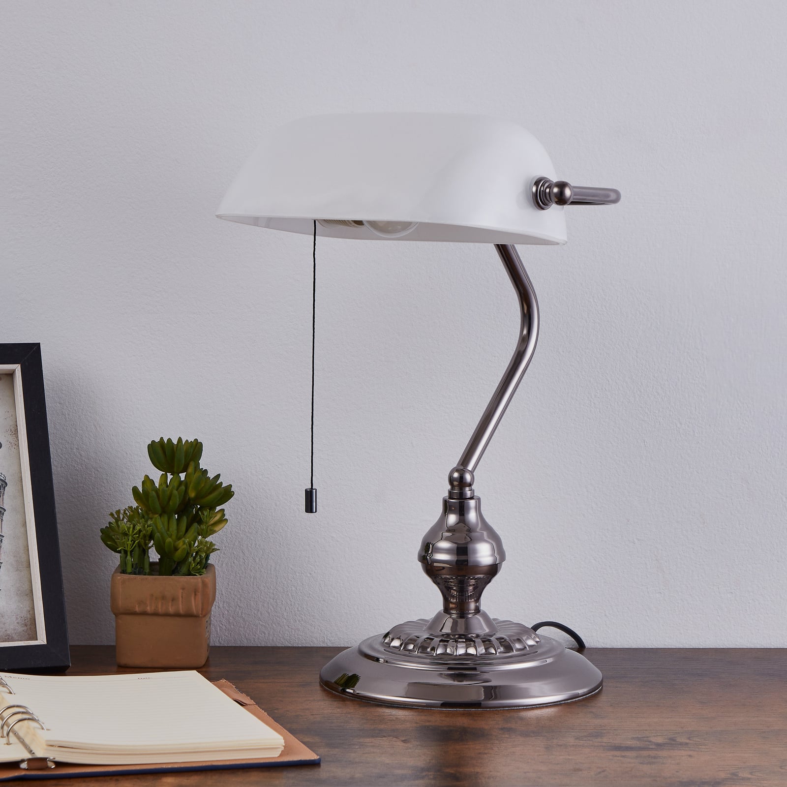 Lampe à poser BANKER, couleur nickel, hauteur 39 cm, métal/verre