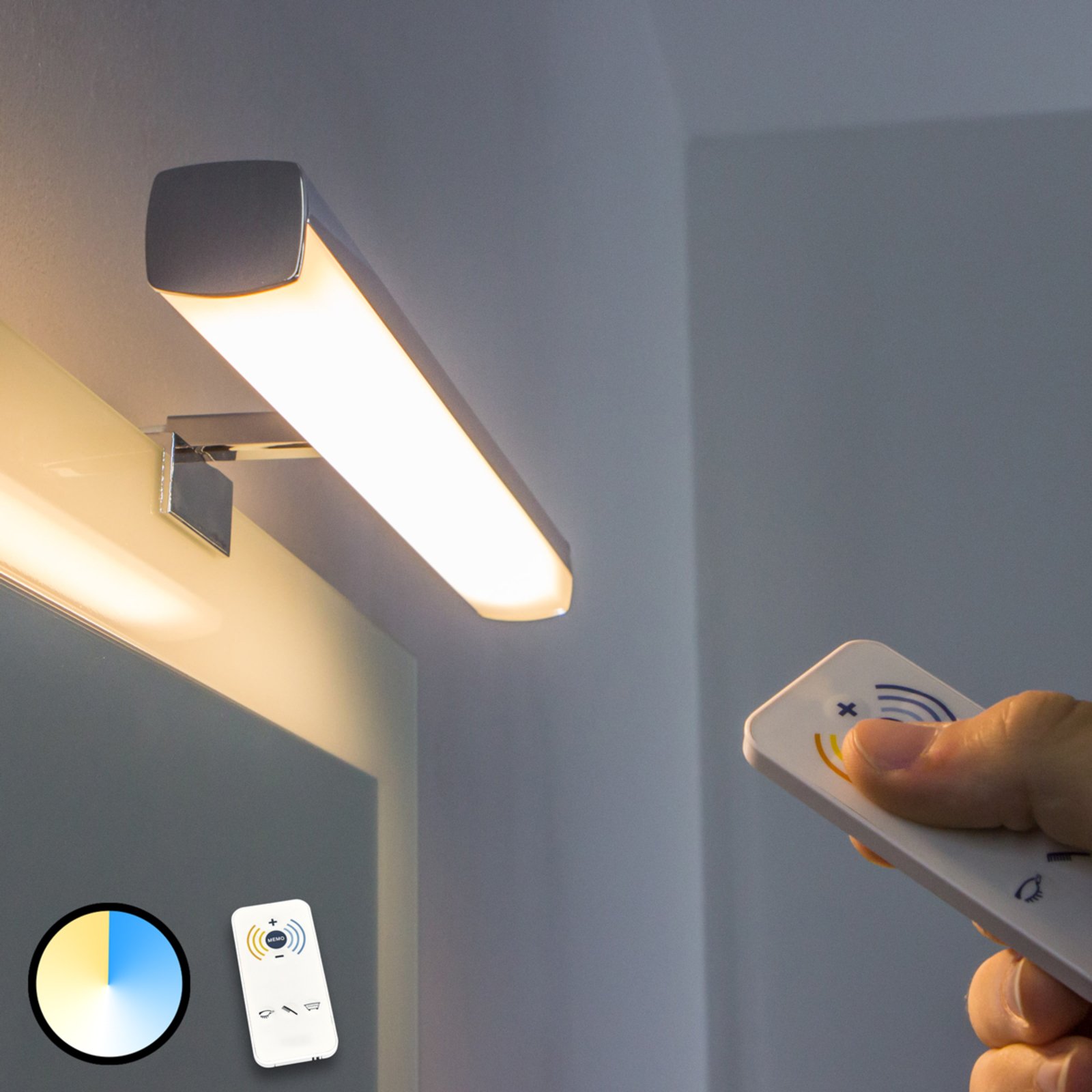 Lámpara LED de espejo Atlas, color de luz regulab.