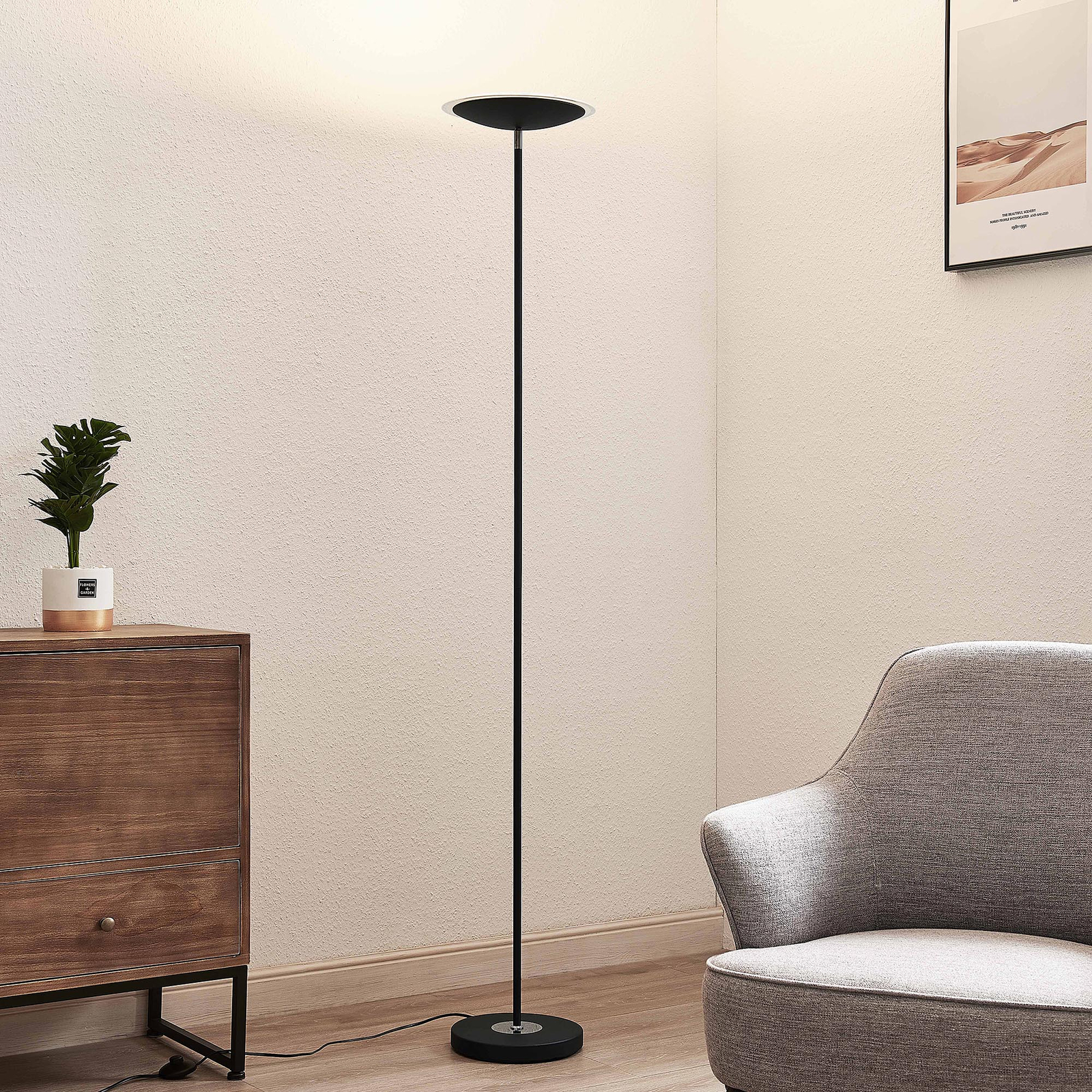 Lindby Heliani LED floor lamp, 1-bulb, black, for Living / Dining Room, metal, glass, plastic, LED, 19 W, energy efficiency: A+, H: 180 cm