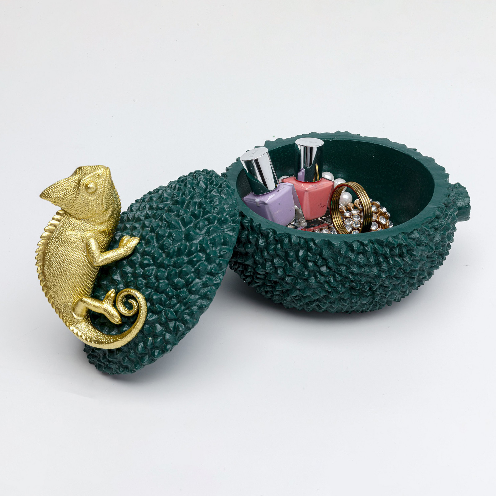Caixa decorativa KARE Camaleão, altura 20 cm, verde escuro, dourado - candeeiros Sala de estar / jantar - Plástico