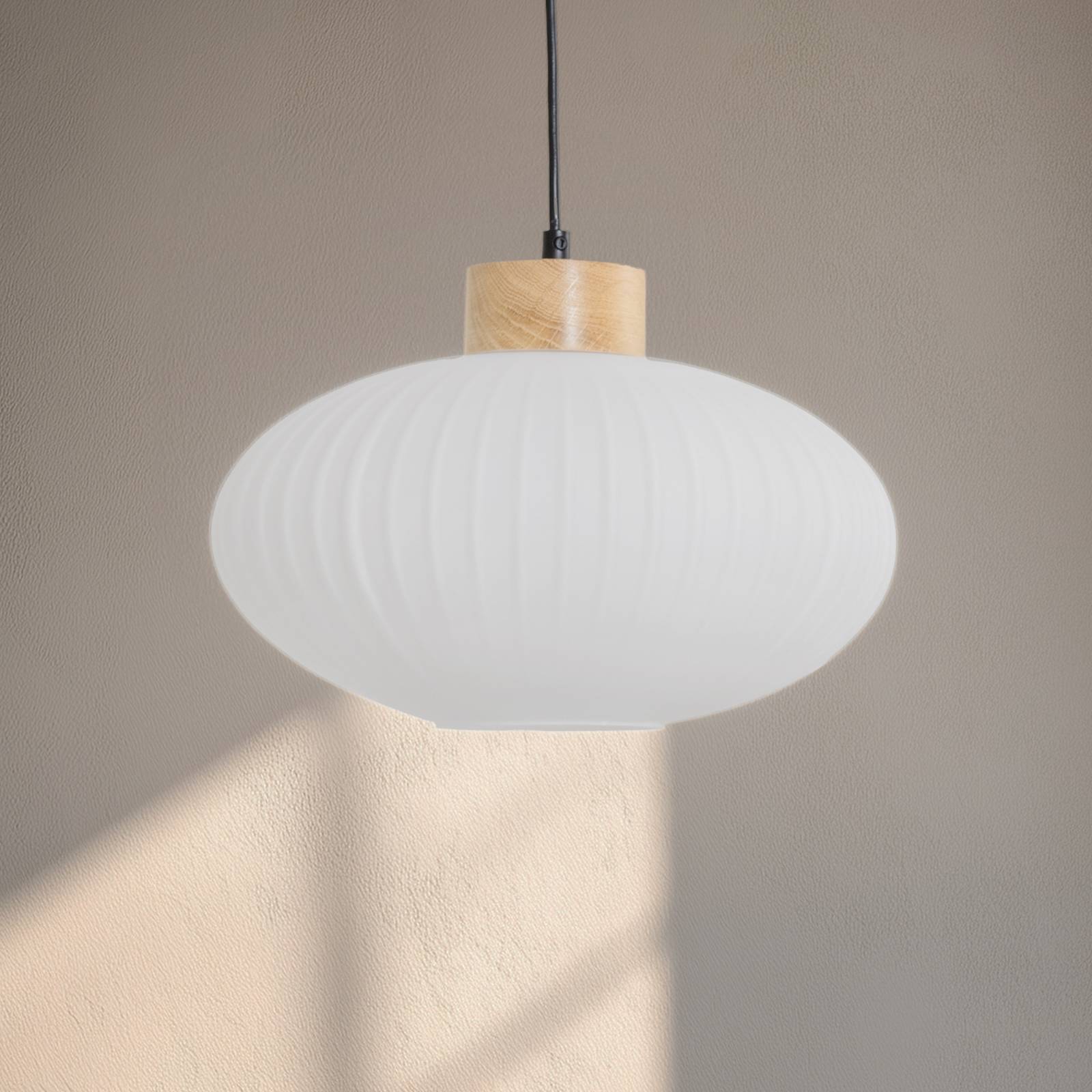 Hängeleuchte Harmony, Ø 25 cm, weiß/eiche, Glas/Holz günstig online kaufen