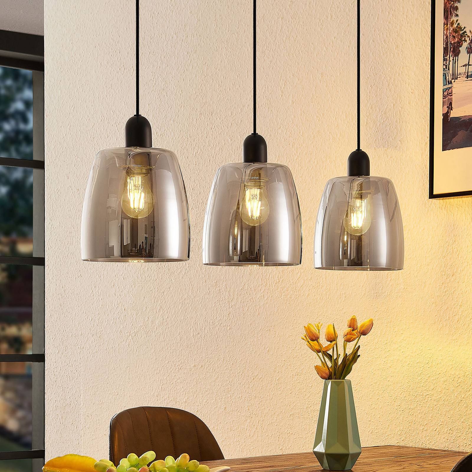 Lindby Yrell hanglamp met rookglas, 3-lamps