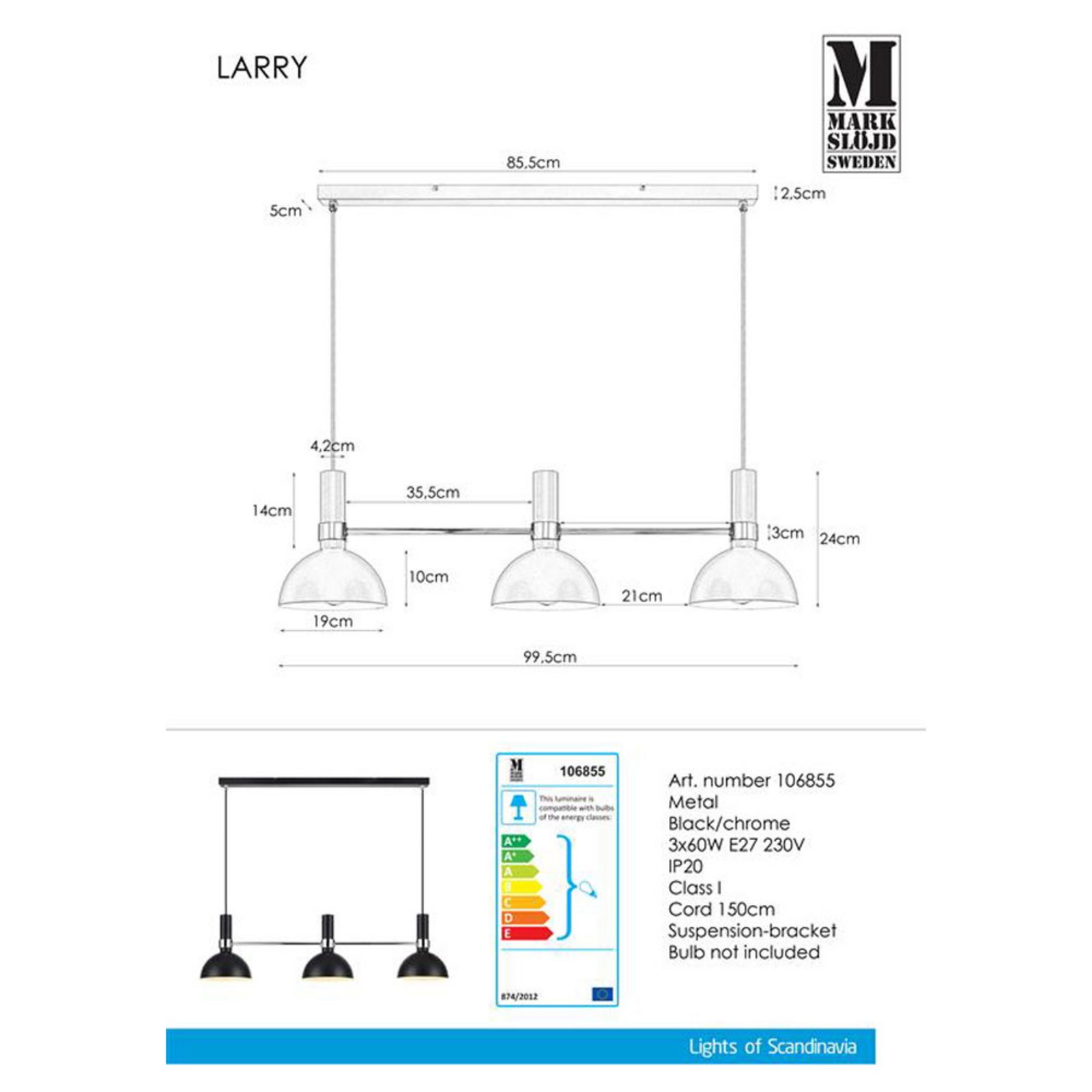 Larry 3 Lustră Pendul Black/Chrome - Markslöjd