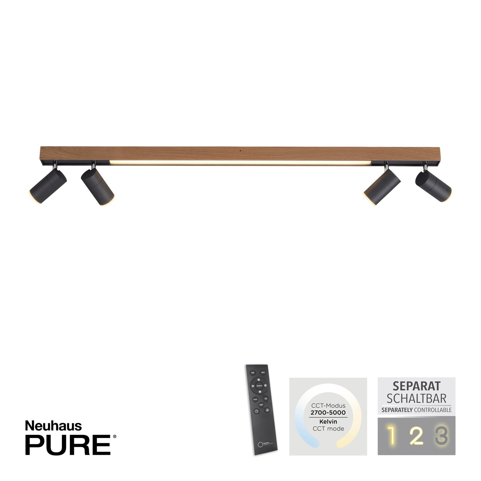 PURE Lines LED-taklampa 4 lampor trä