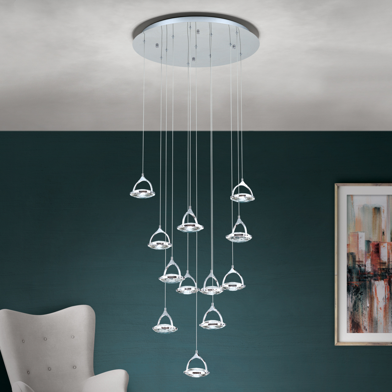 Moon LED pendant light K9 crystal glass, 12-bulb