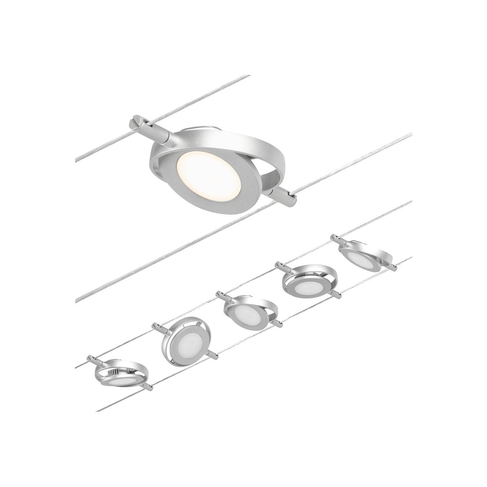 CorDuo LED Seilsystem RoundMac Basisset 5x200lm 5x45W 3000K 230 12V Chrom matt Chrom