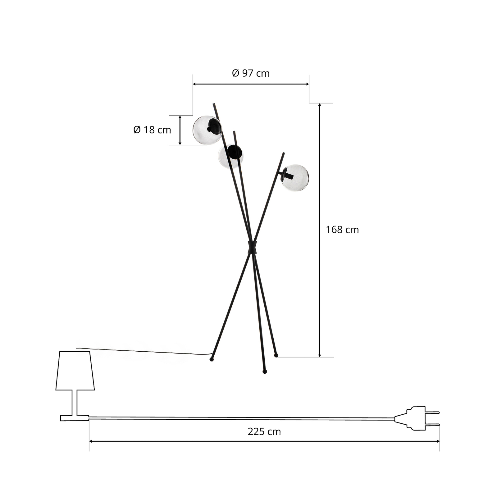 Vloerlamp Lucande Sotiana, 3 glazen bollen, zwart