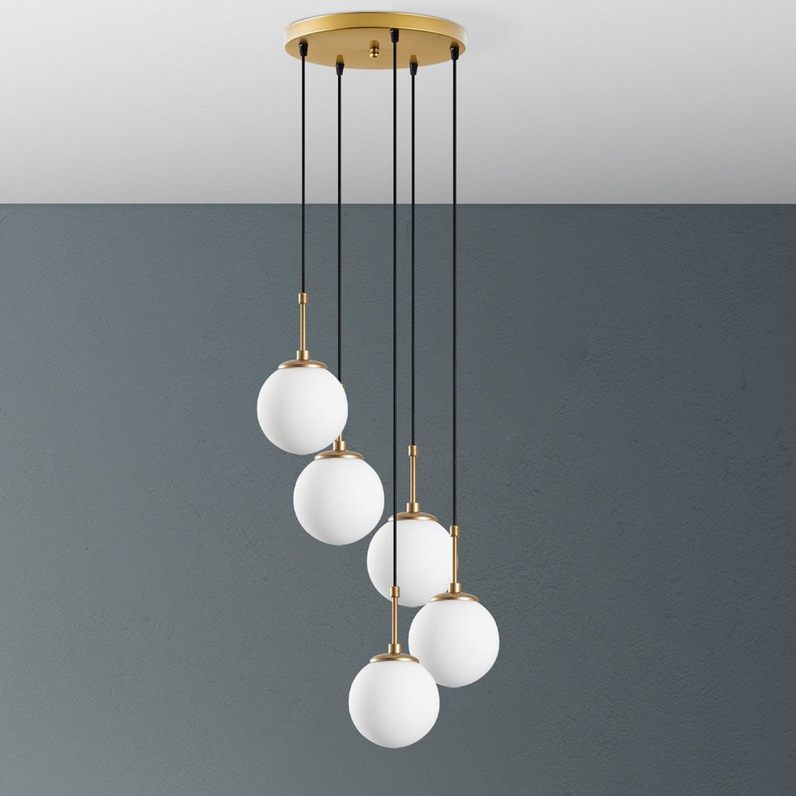 Hængelampe Orbital, hvid/guld, 5 lyskilder, glas, metal, E14