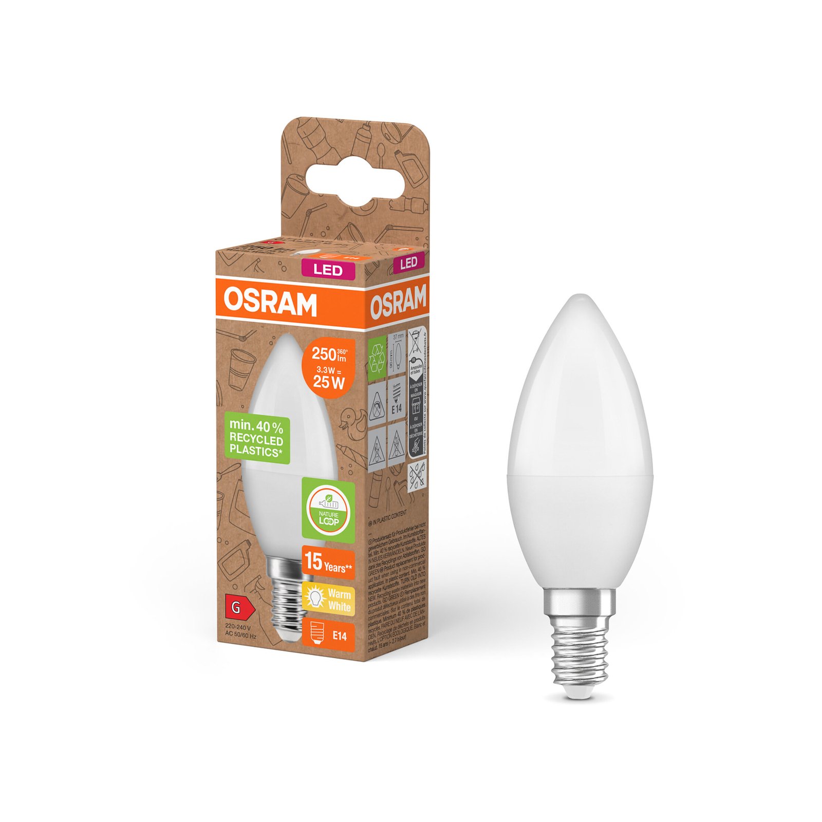 OSRAM LED Classic Star, sviečka, matná, E14, 3,3 W, 2 700 K