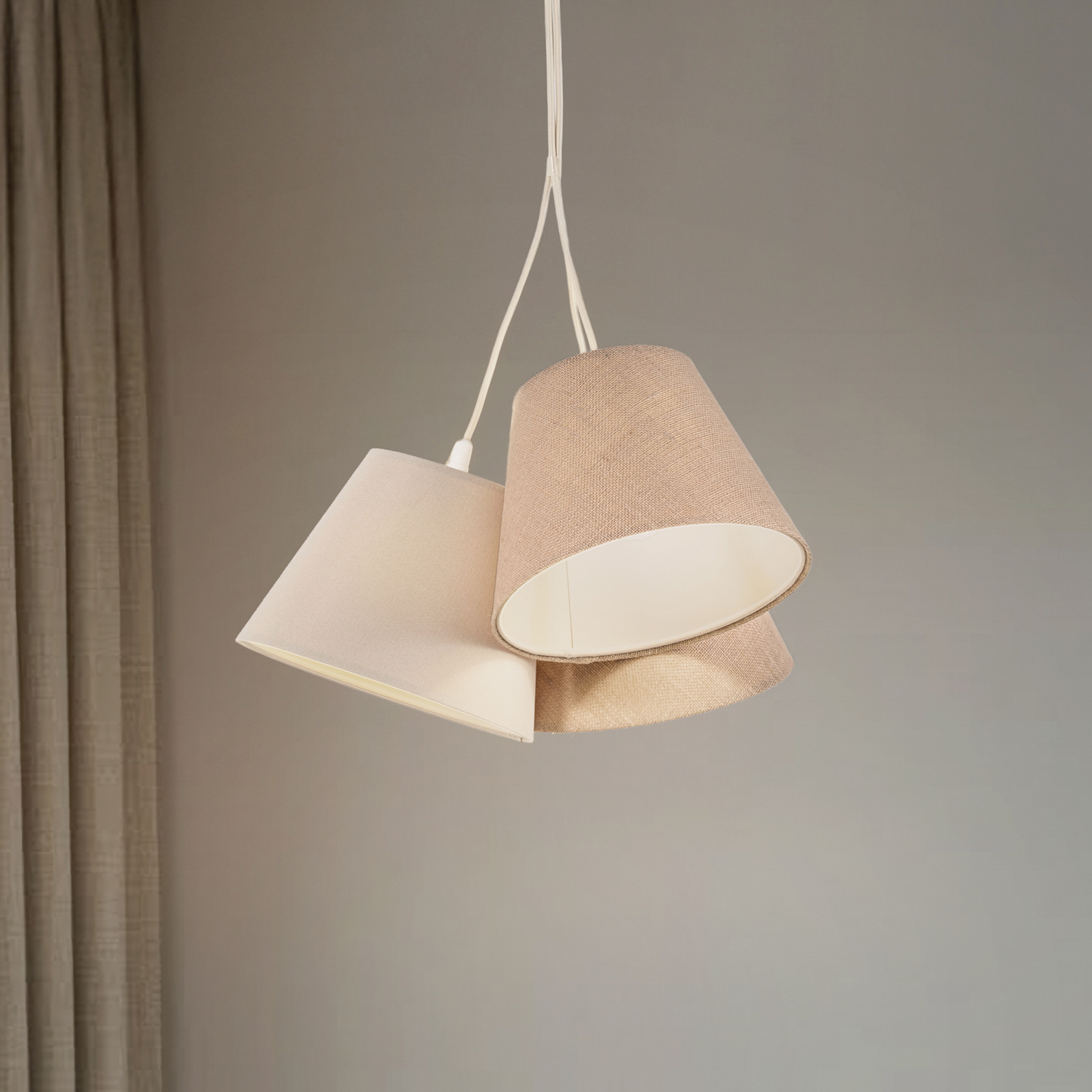 Boho hengelampe, 3 lyskilder, krem/beige, jute