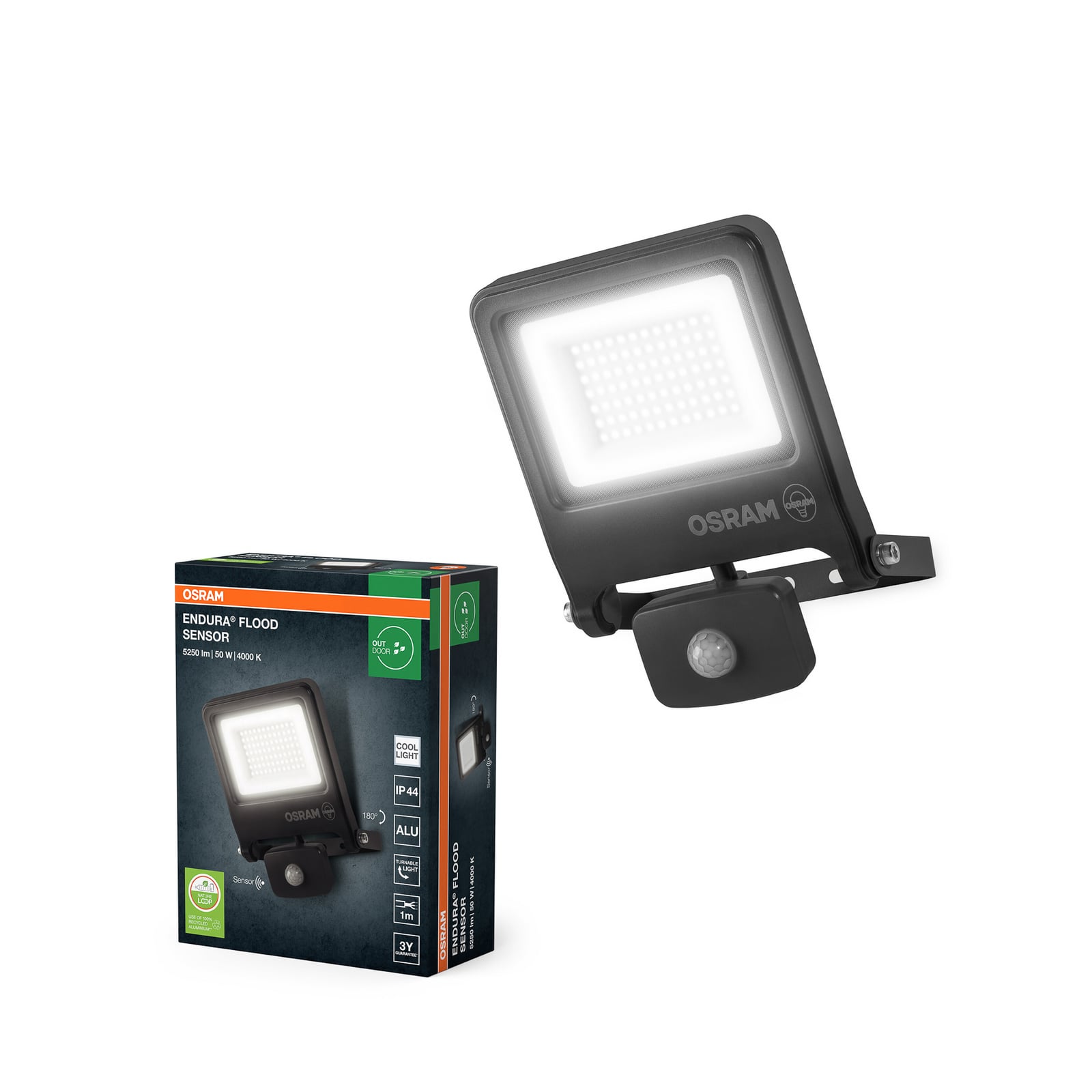 OSRAM kohdevalaisin ulos ENDURA FLOOD, harmaa, anturi 50 W 840 IP44