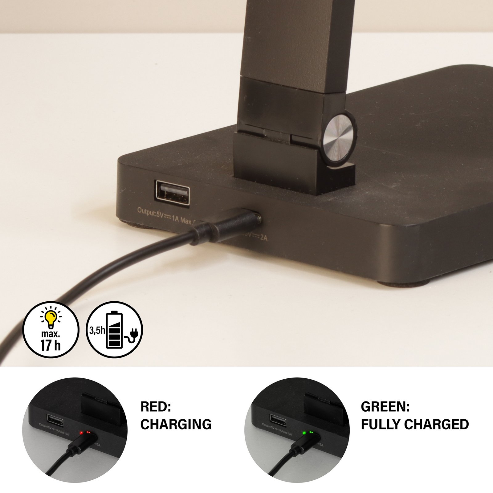 Ole LED rechargeable office desk lamp, black, sensor, dimmable, CCT