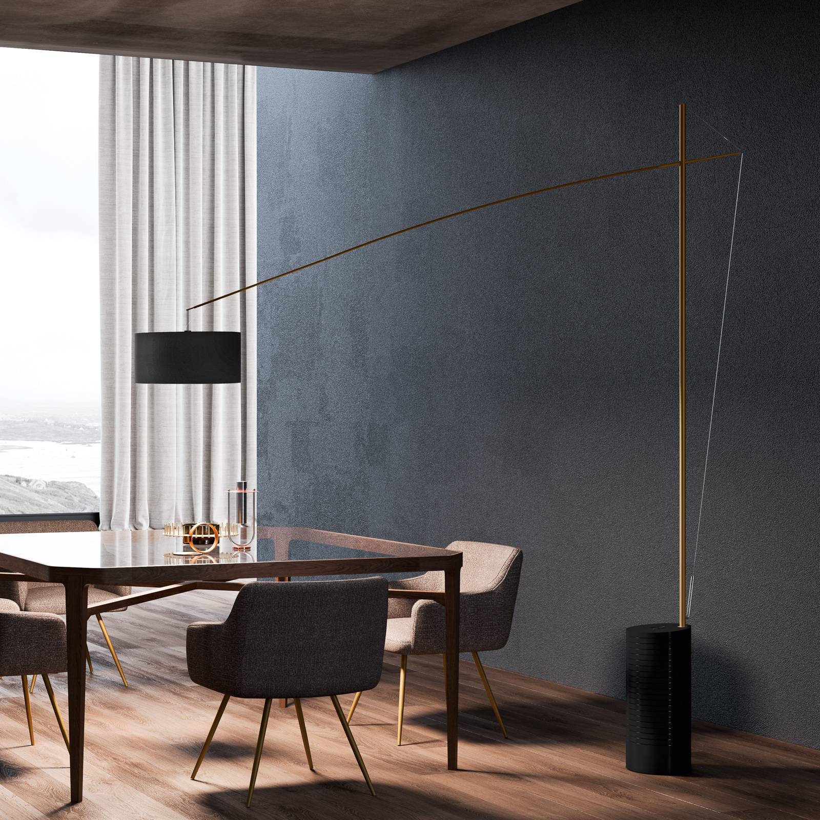 ICONE Gru arc lamp, black, brass, for Living / Dining Room, aluminium, fabric, E27, 150 W, energy efficiency: A++, H: 230 cm