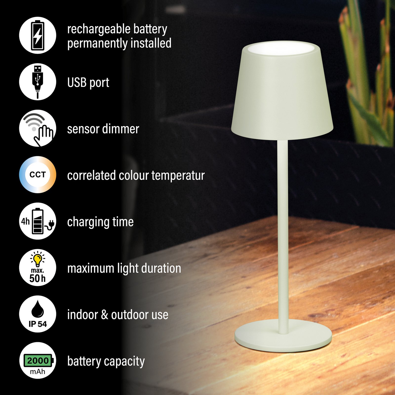 Lampa de masă cu LED și baterie Roxi, verde mentă, metal, IP54, dimabil Lampa de masă cu LED și baterie Roxi, verde mentă, metal, IP54, dimabil