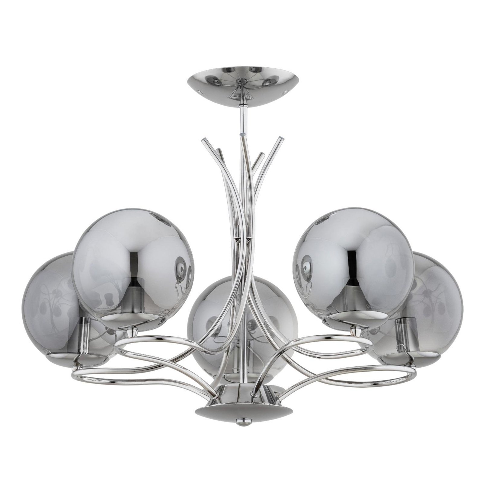 Sentia chandelier, chrome / smoke grey, 5-bulb, glass