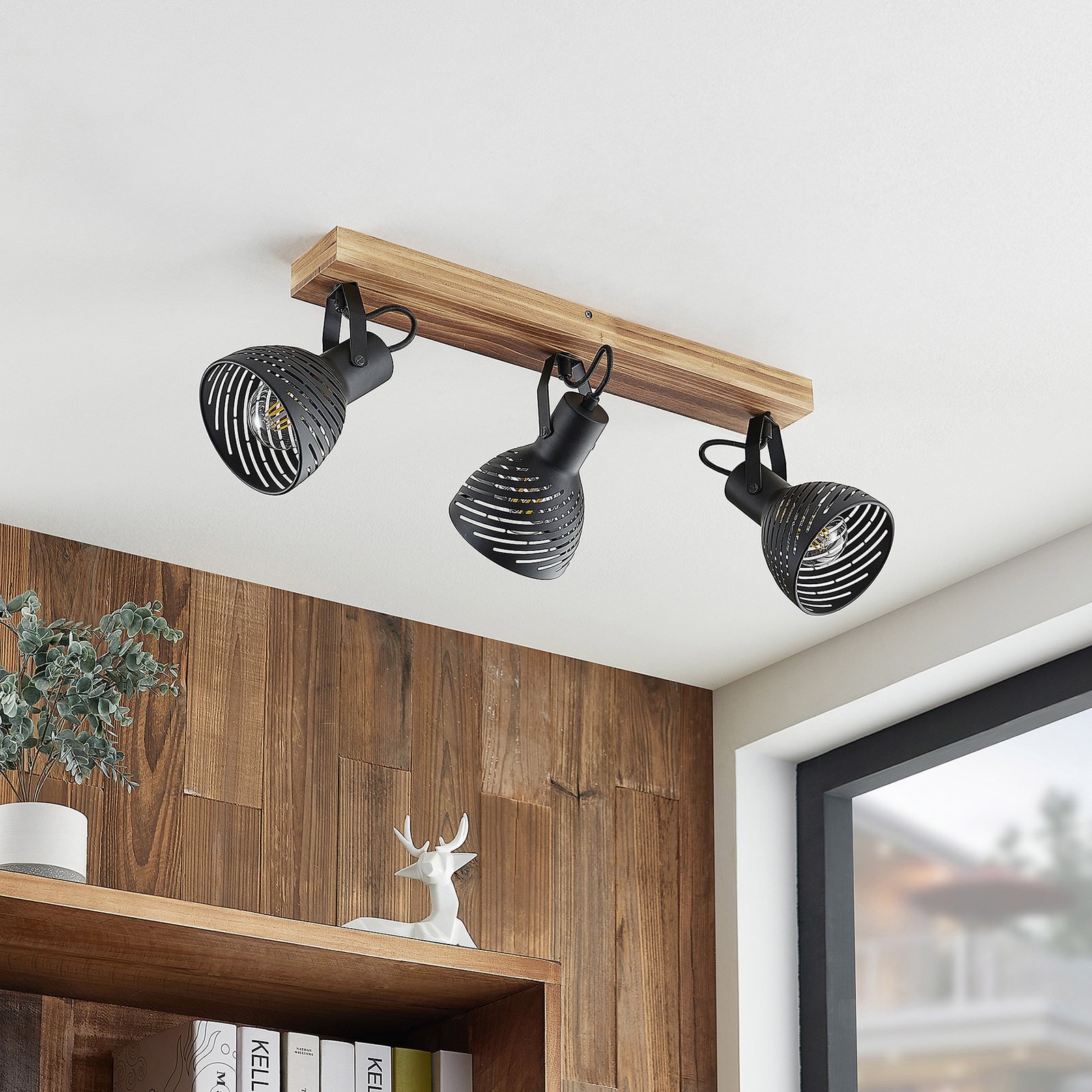 Lindby Raniso ceiling spotlight rubber wood 3-bulb